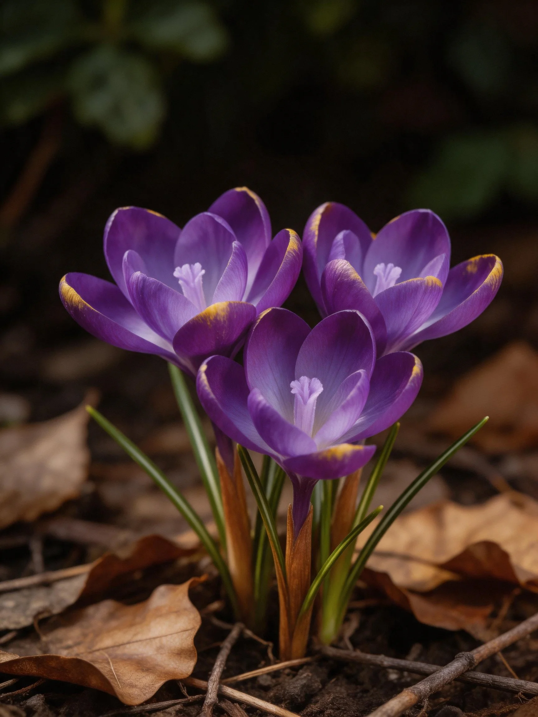 Three purple crocuses with golden-tipped petals among dry leaves
