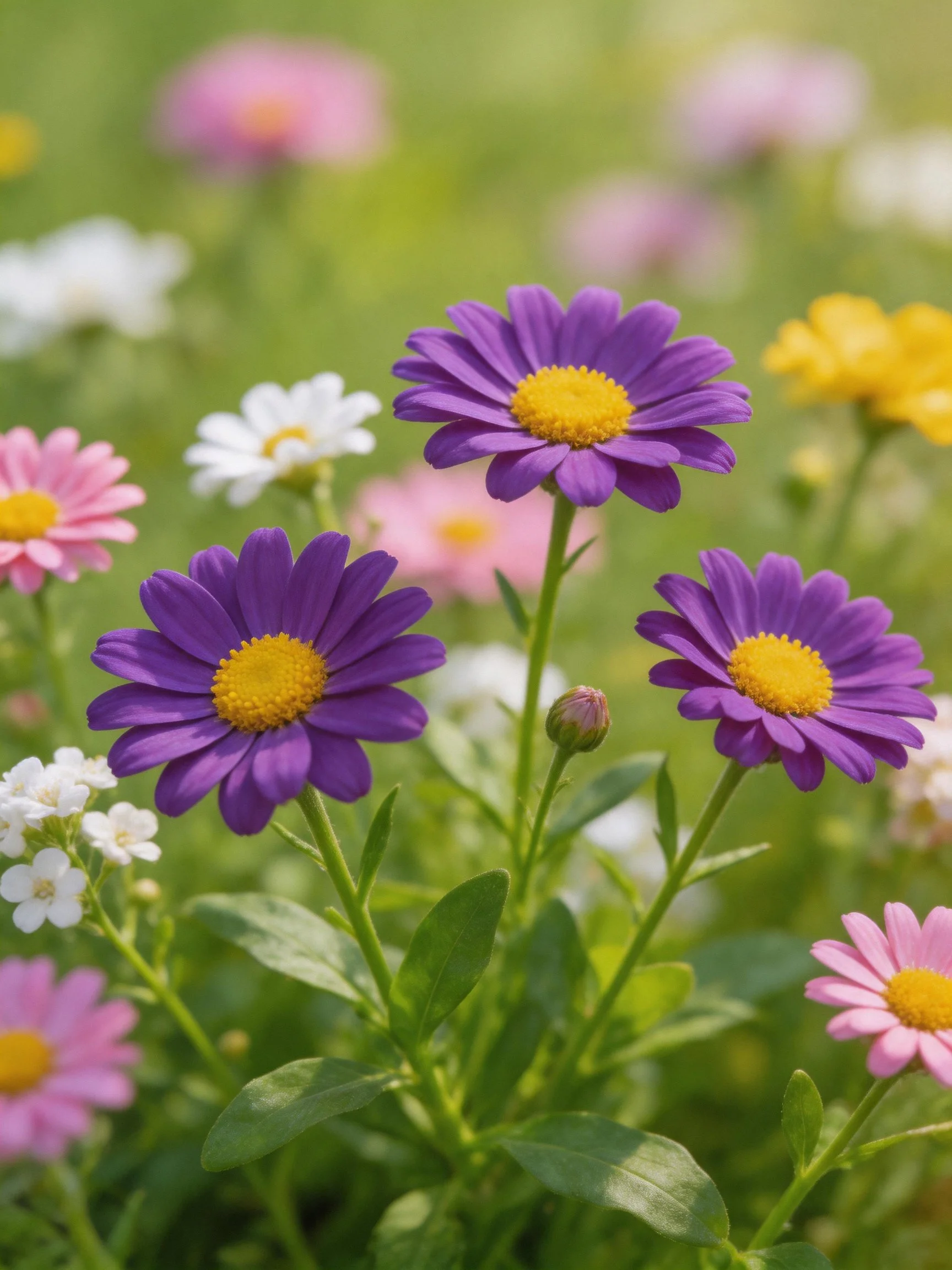 Three purple daisies among multicolored wildflowers in a sunlit meadow