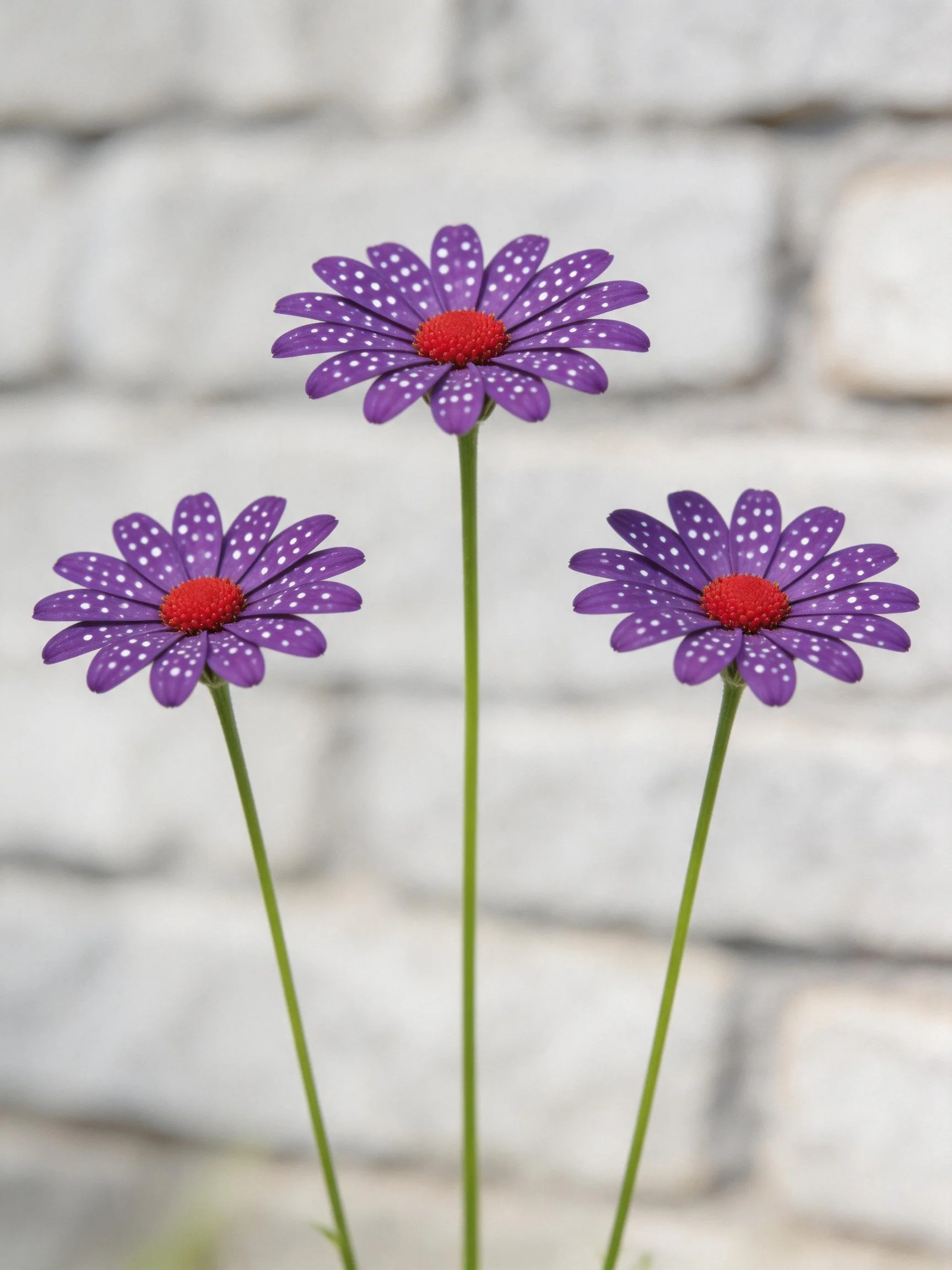 Three purple spotted flowers with red centers near a stone wall