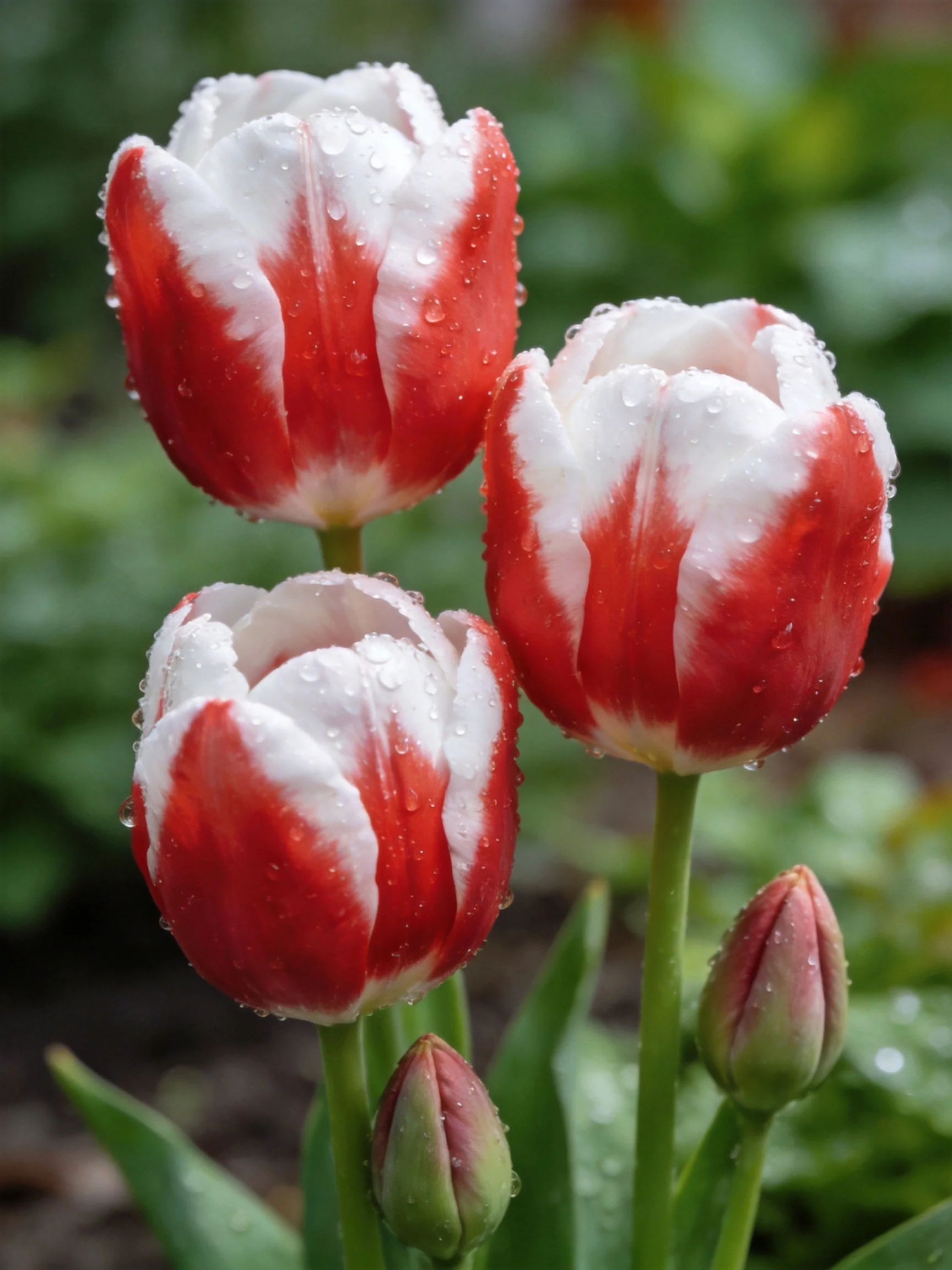 Three red-and-white tulip blooms with dew drops near unopened buds