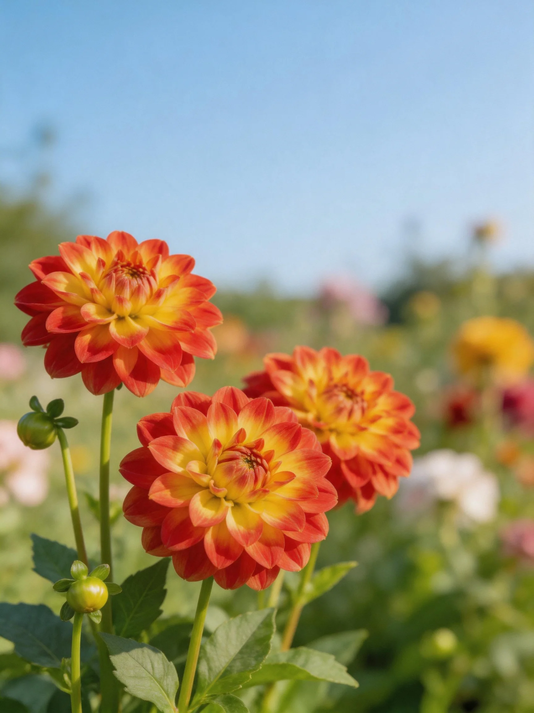 Three red and yellow dahlia blooms amidst green foliage under a clear sky