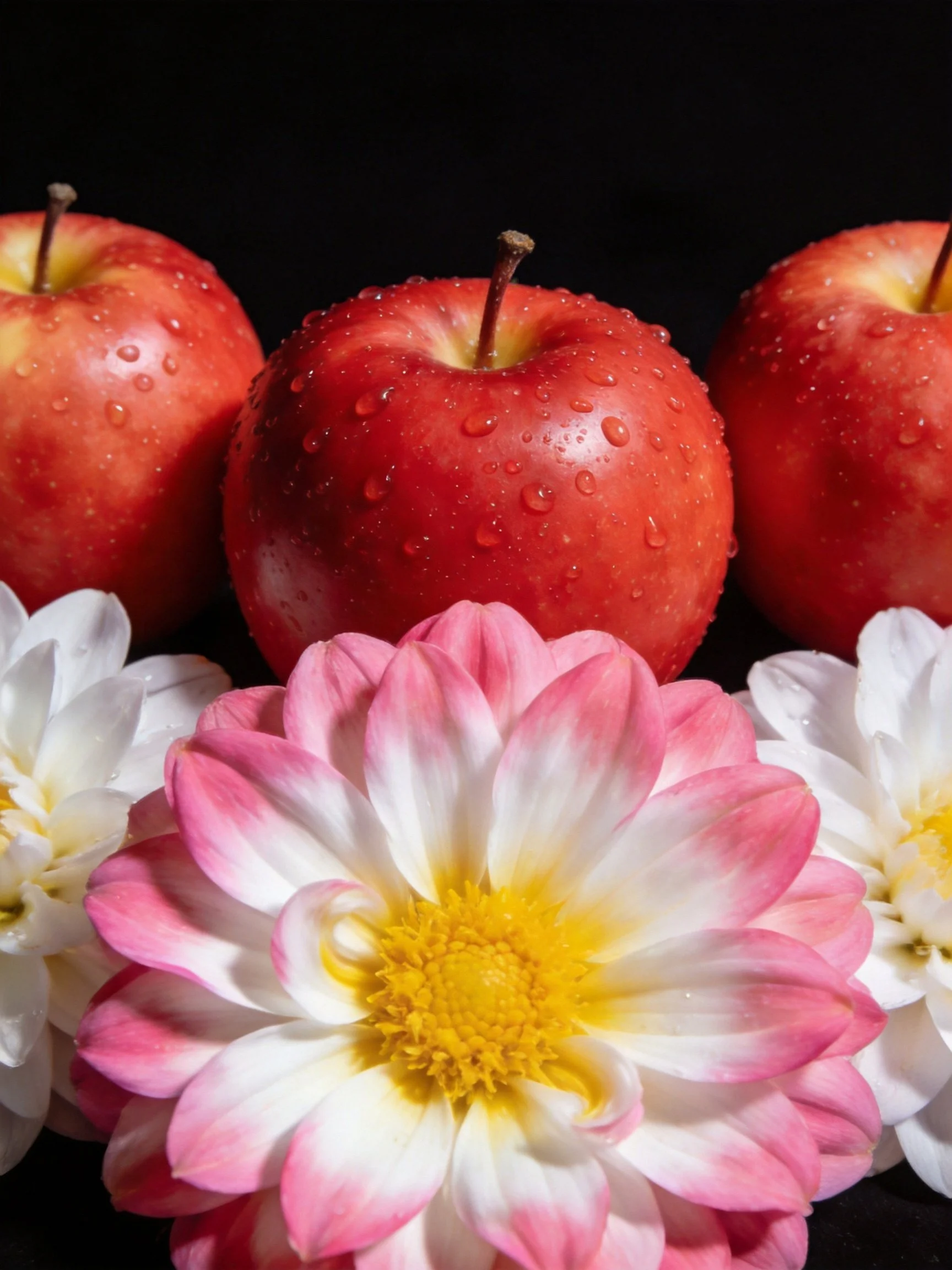 Three red apples with water droplets beside pink and white flowers
