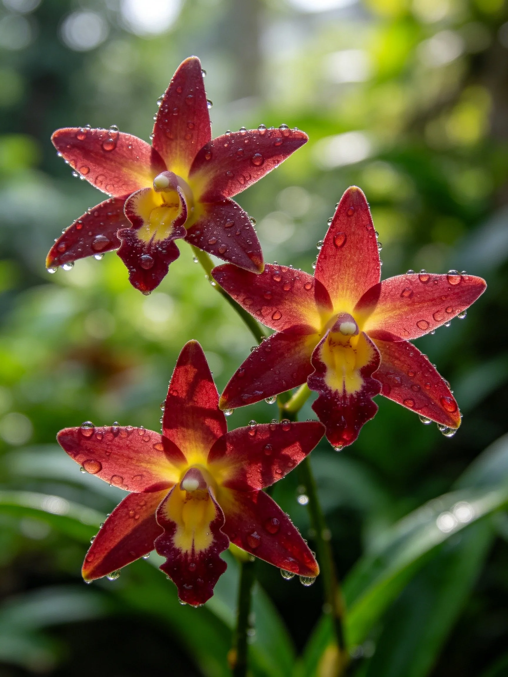 Three red orchid blooms with water droplets