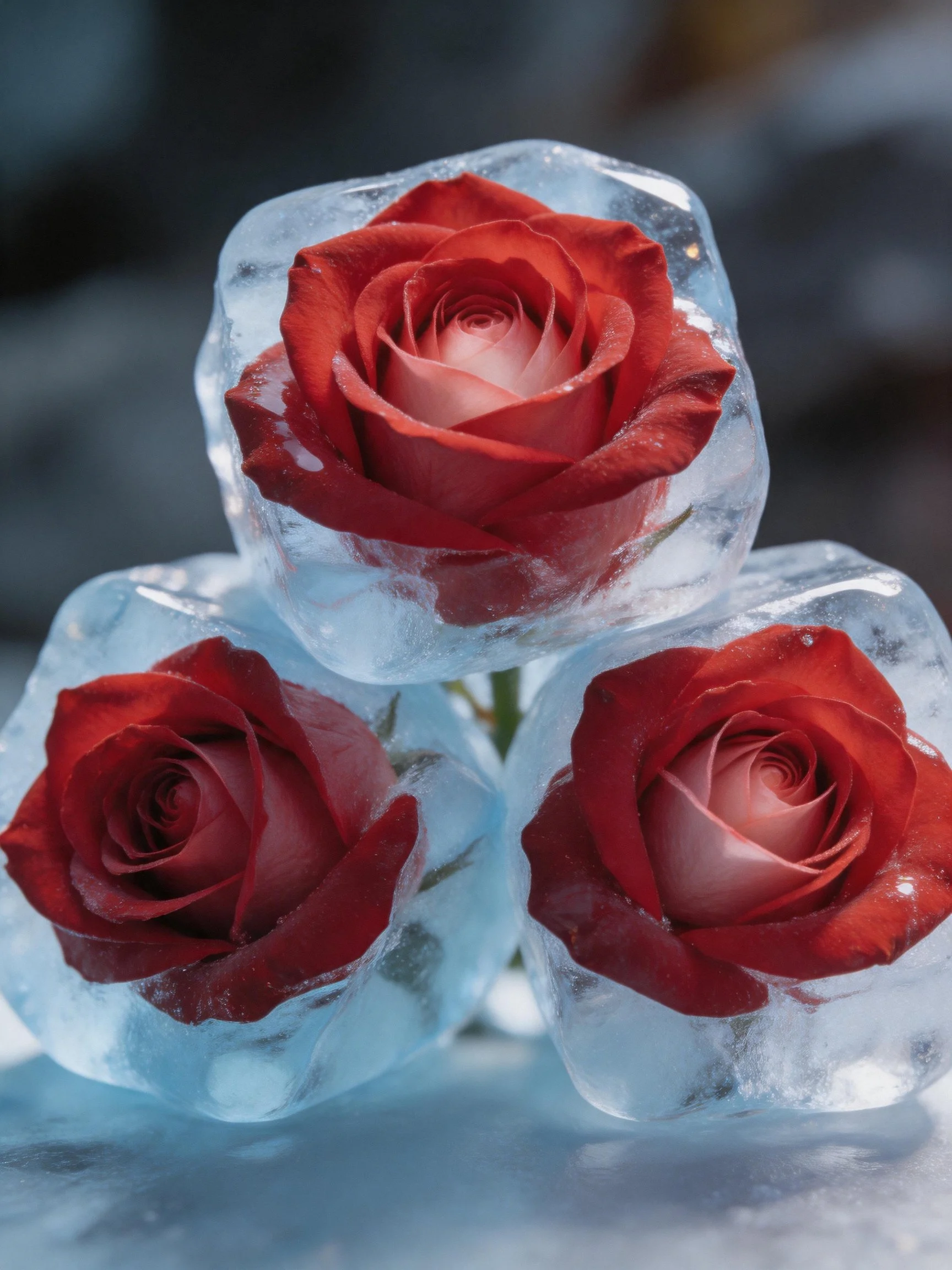 Three red roses encased in clear ice cubes