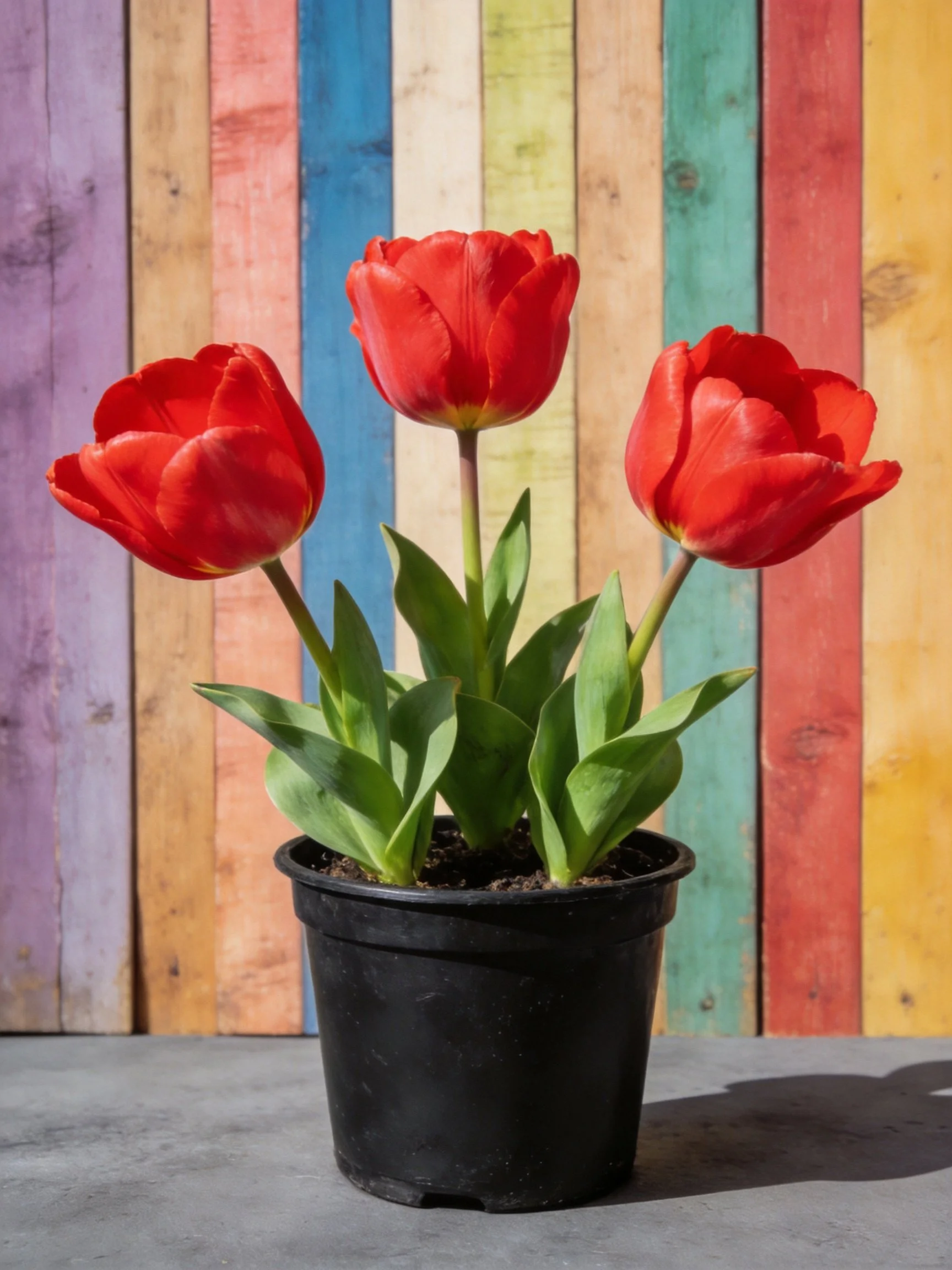 Three red tulips in a black pot against colorful wooden planks