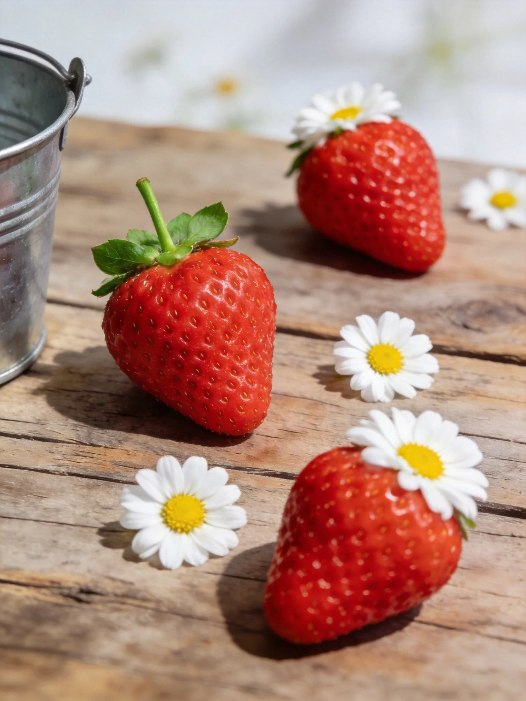 Three ripe strawberries with white daisies on a wooden table near a metal bucket