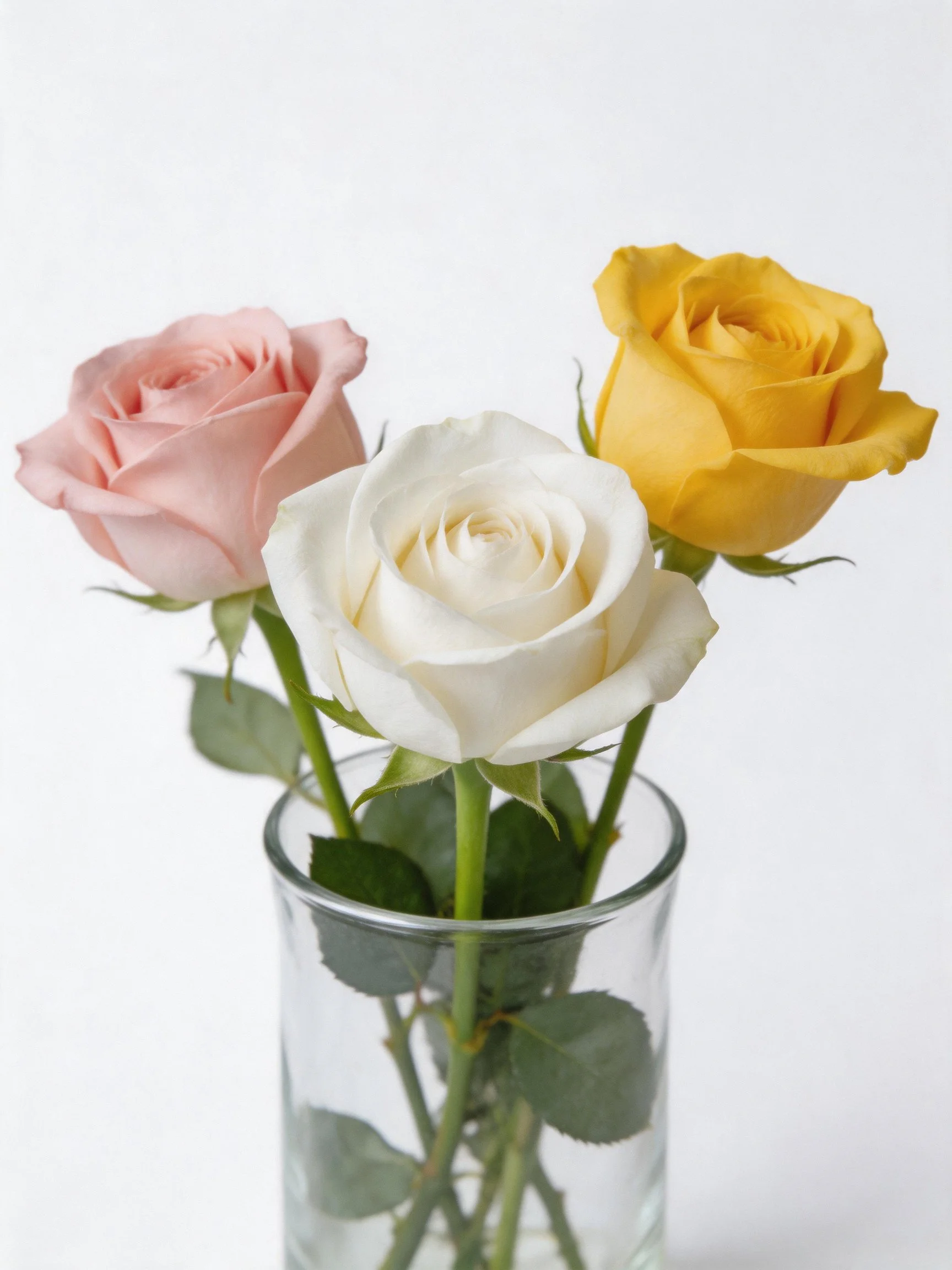 Three roses in pink, white, and yellow arranged in a clear glass vase
