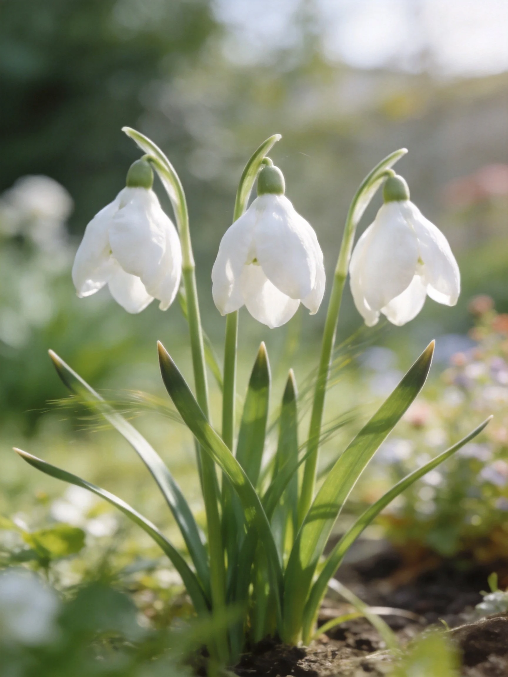 Three snowdrop flowers with white blooms and green stems