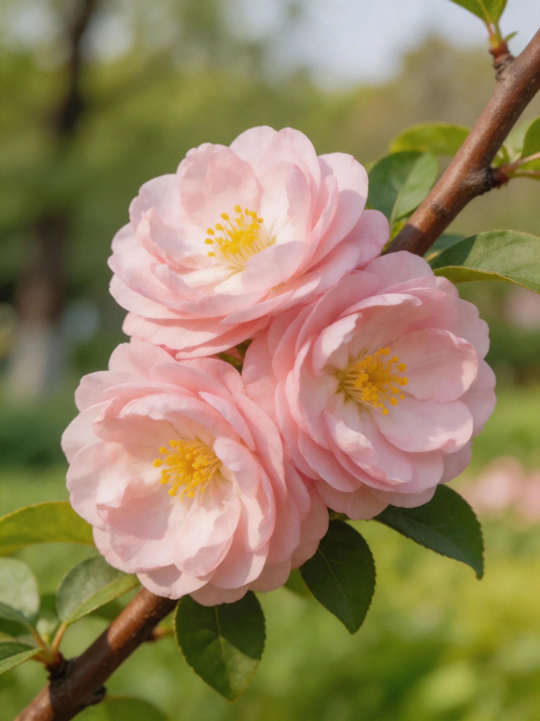 Three soft pink flowers bloom on a brown tree branch