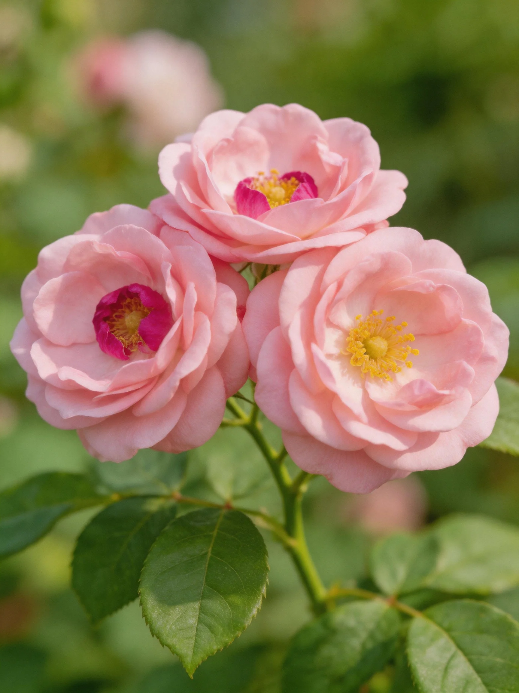 Three soft pink roses bloom amid lush green foliage