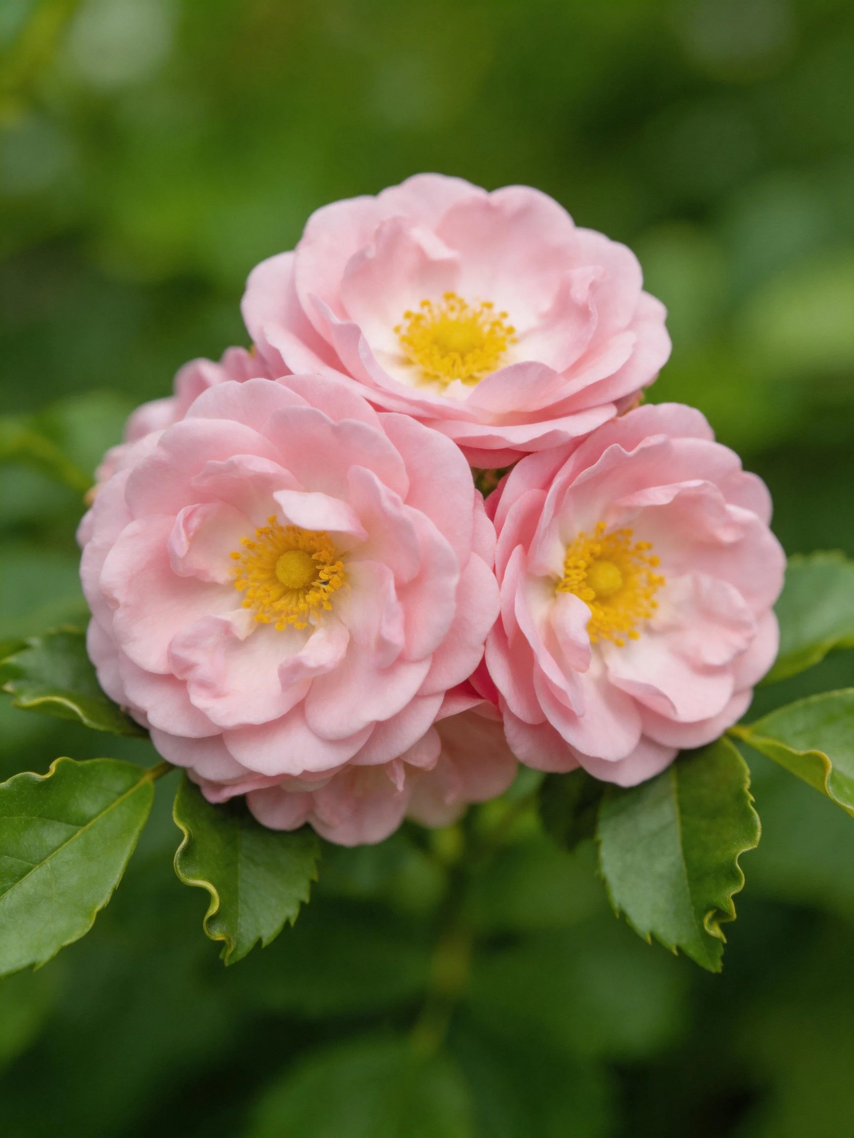 Three soft pink roses bloom among lush green foliage