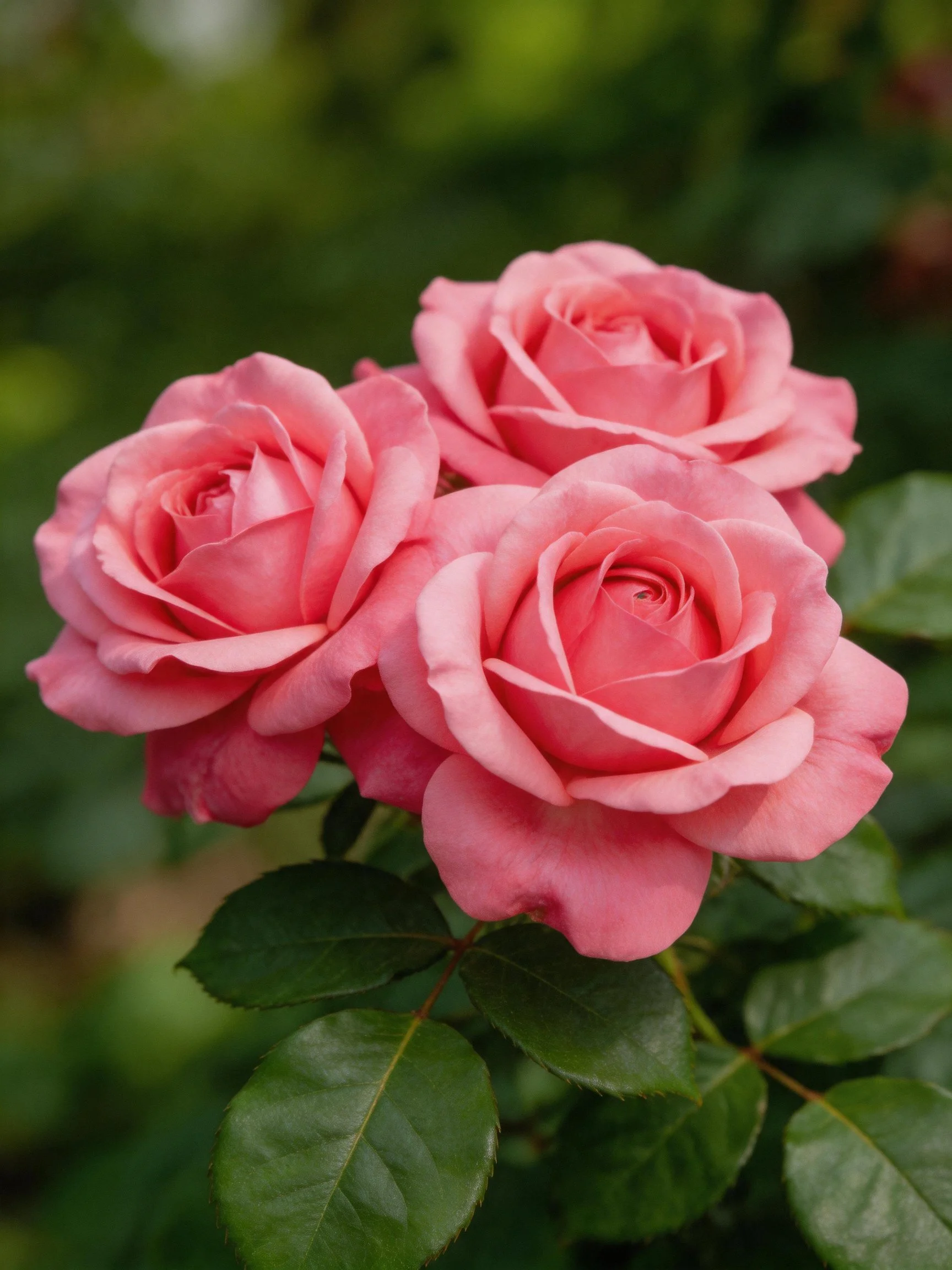 Three soft pink roses cluster amid dark green leaves