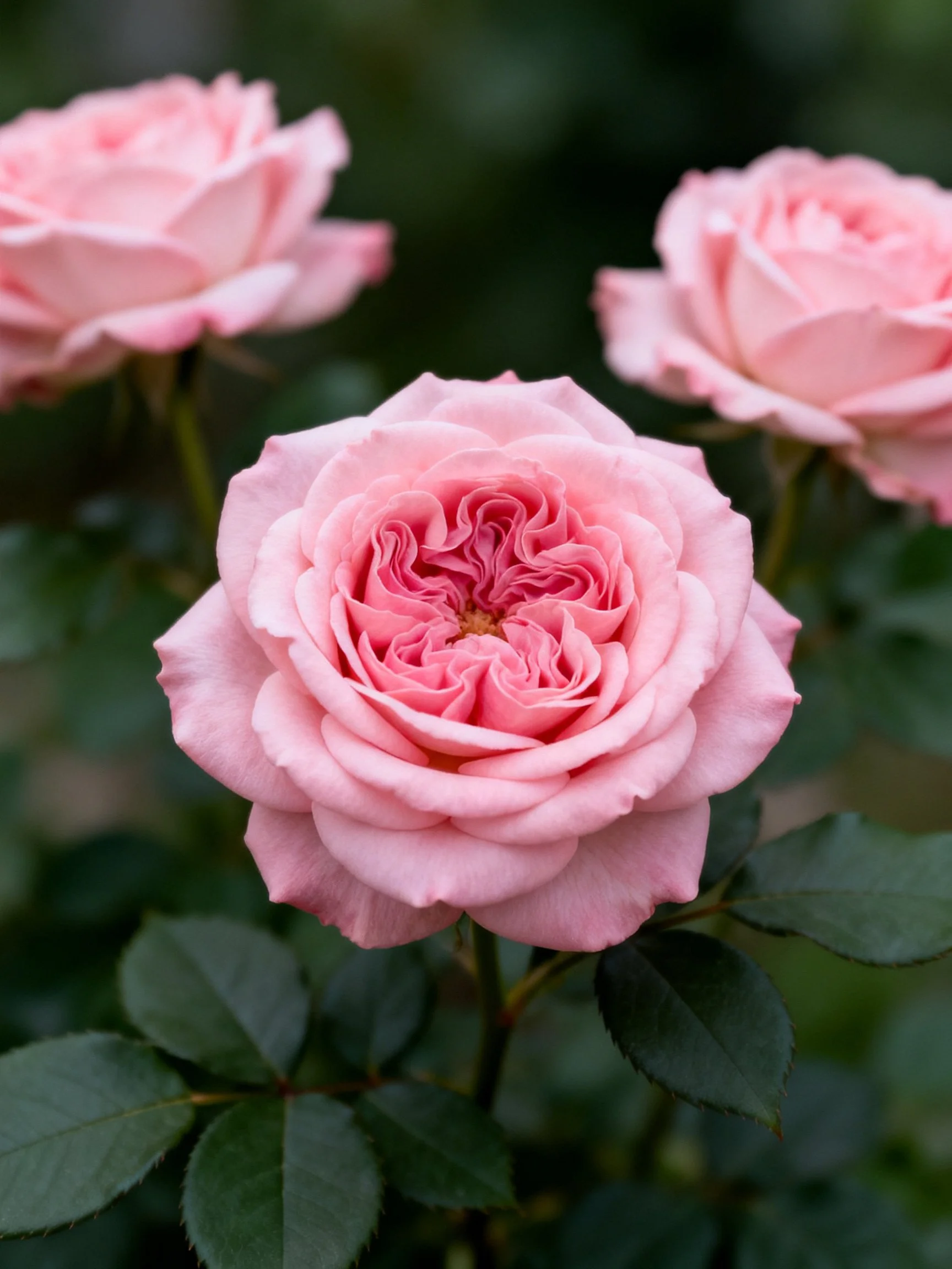 Three soft pink roses with layered petals against dark green foliage