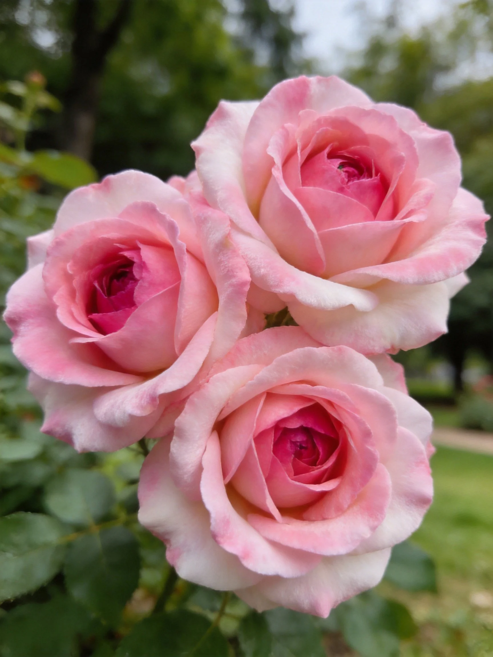 Three soft pink roses with layered petals
