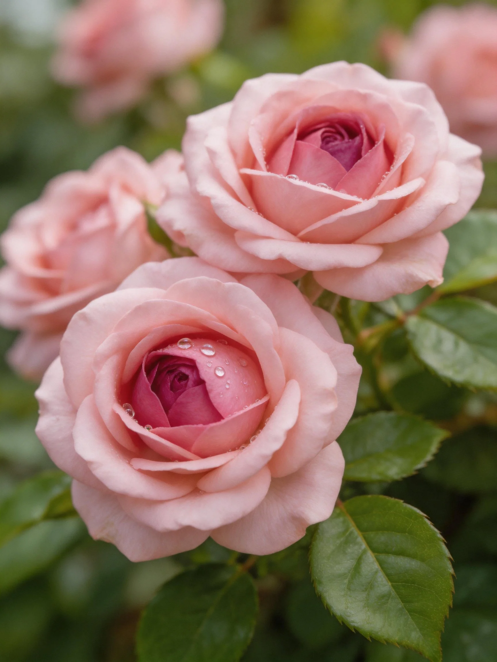 Three soft pink roses with water droplets among green leaves