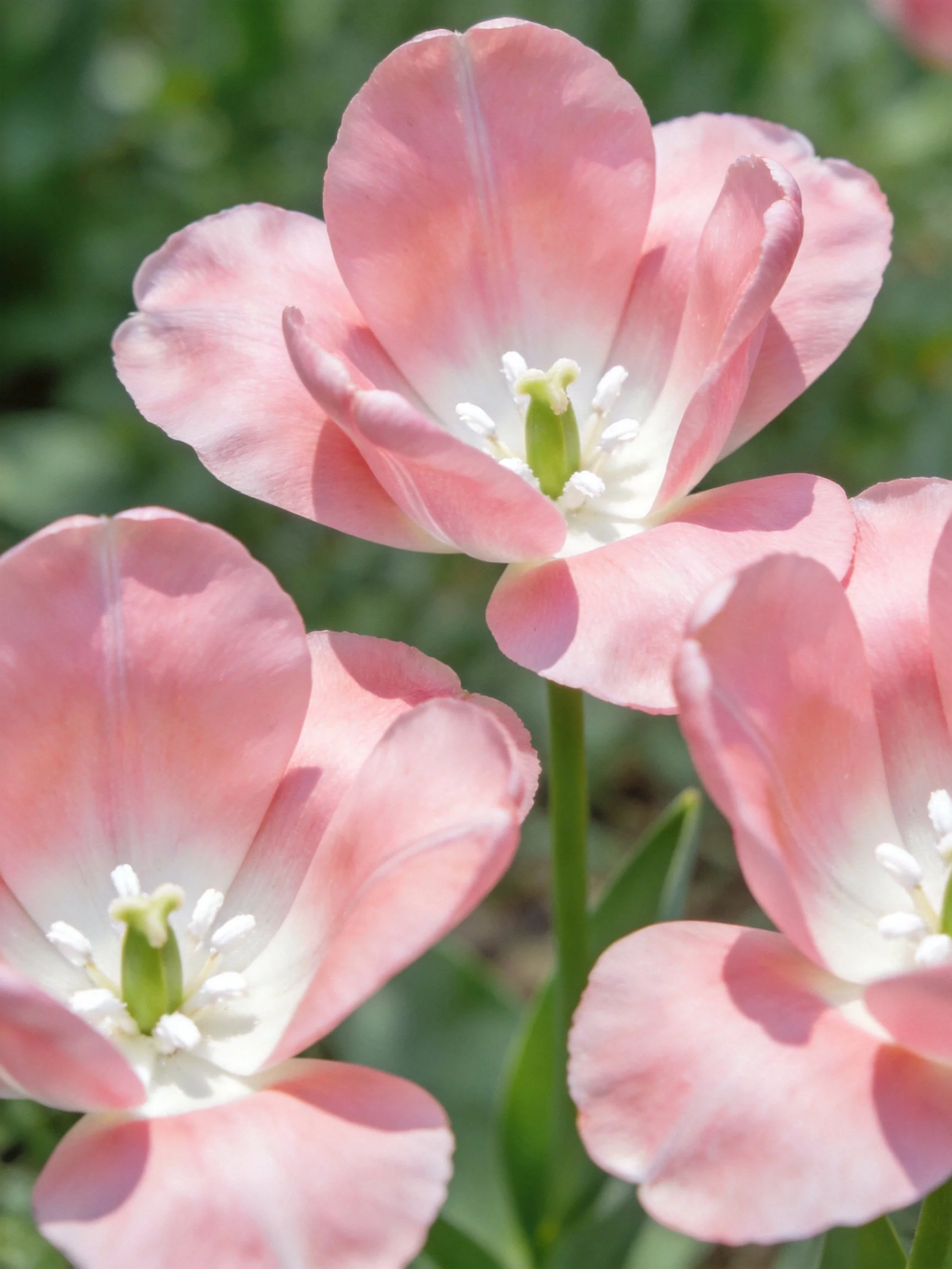 Three soft pink tulips blooming in natural light