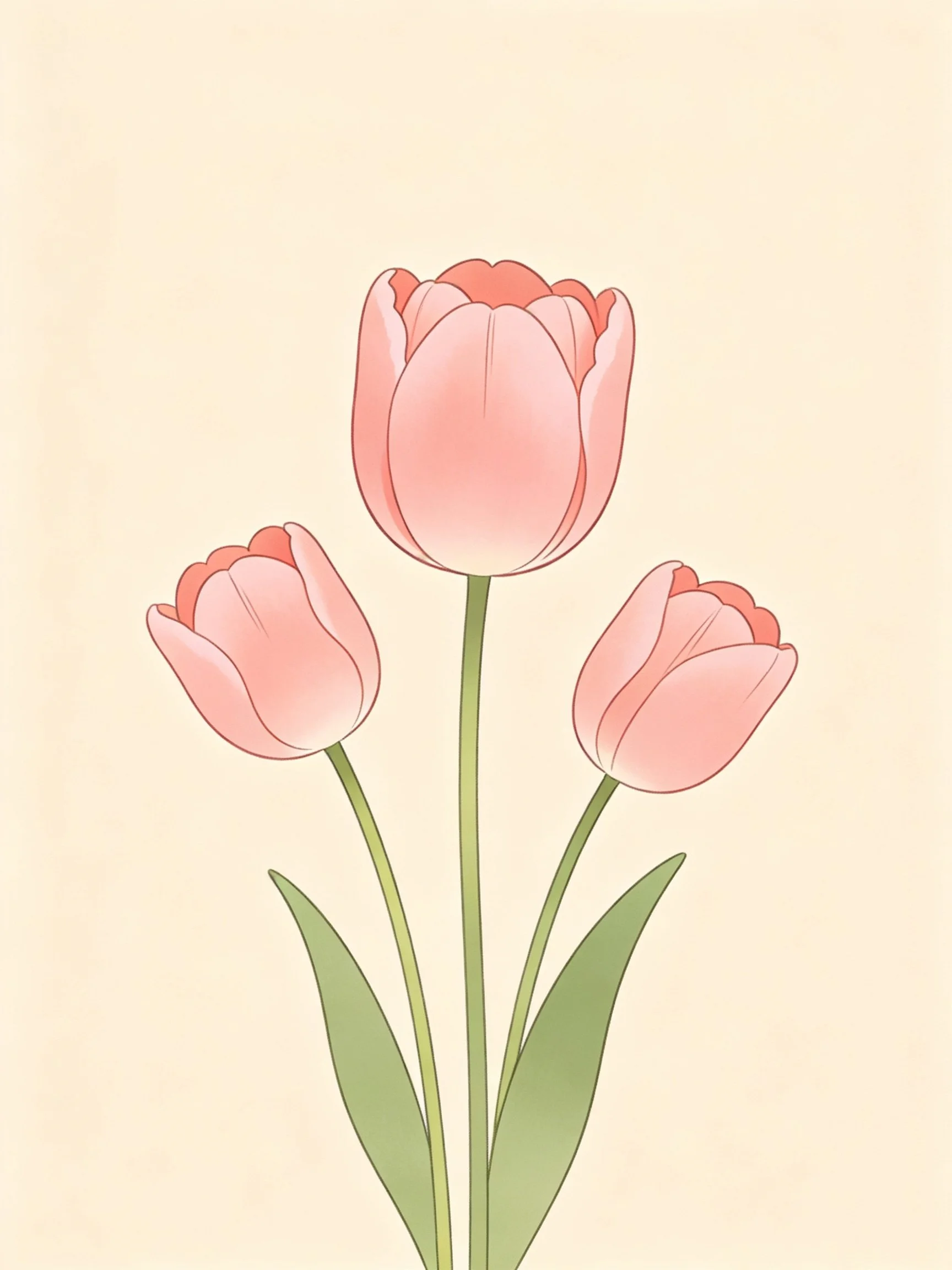 Three soft pink tulips with green stems and leaves