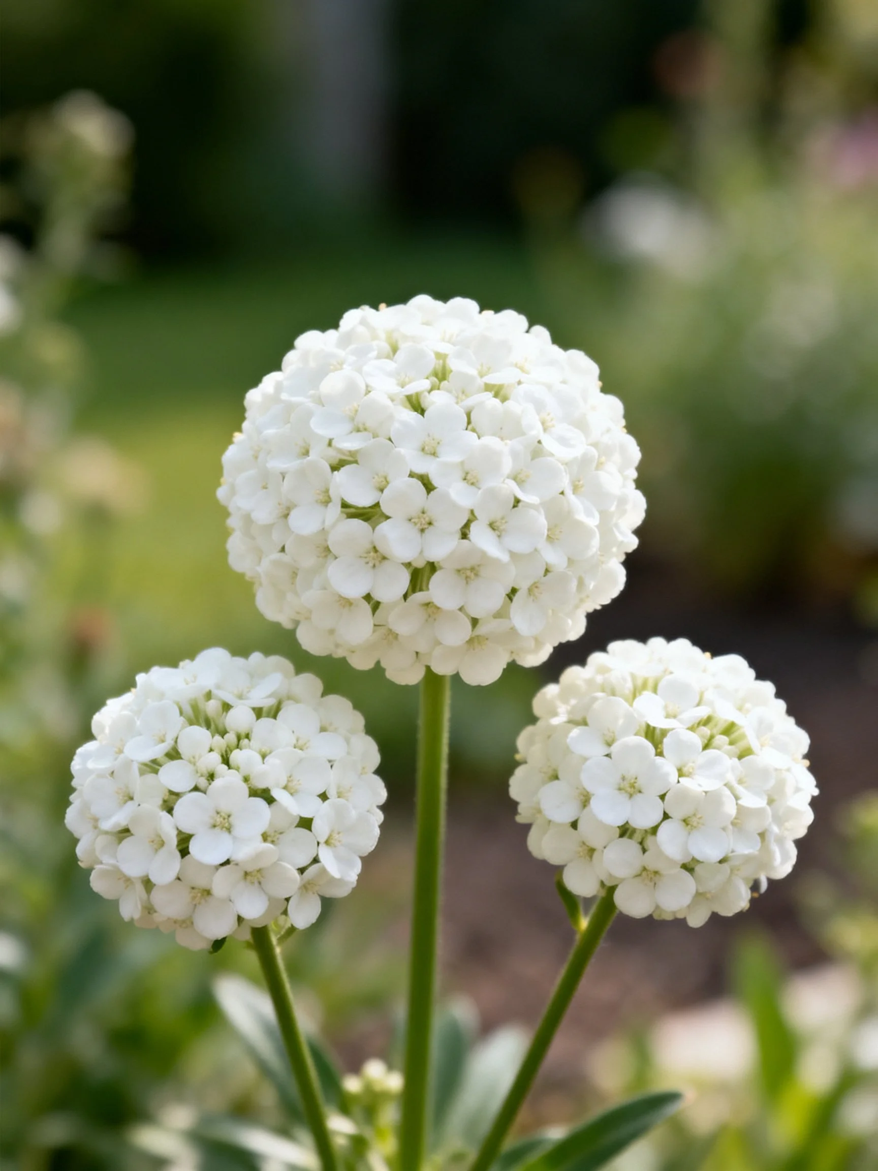 Three spherical white flower clusters bloom in a verdant garden