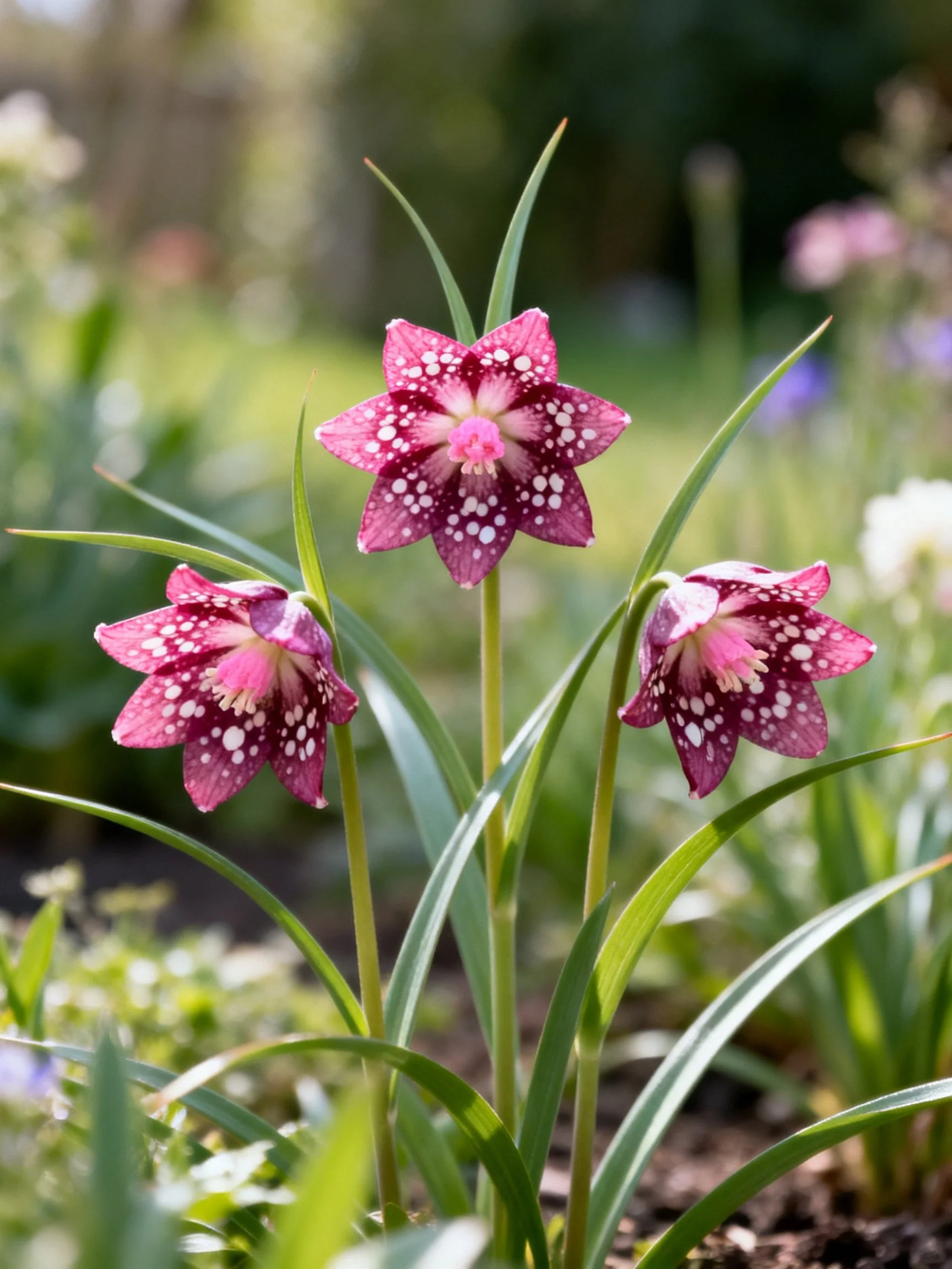 Three spotted pink flowers bloom among slender green stems