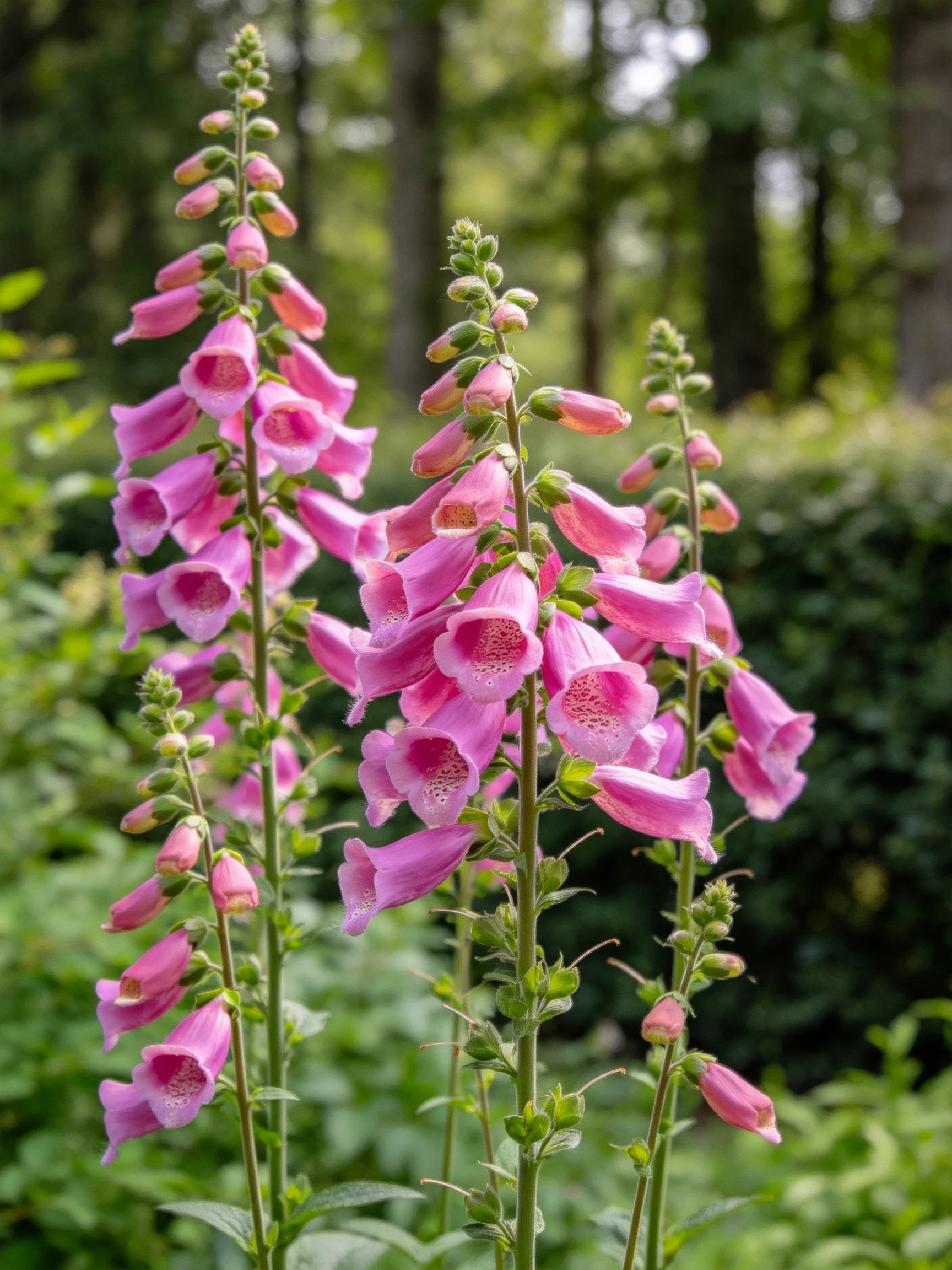 Three stalks of vibrant pink foxgloves stand tall in a lush garden