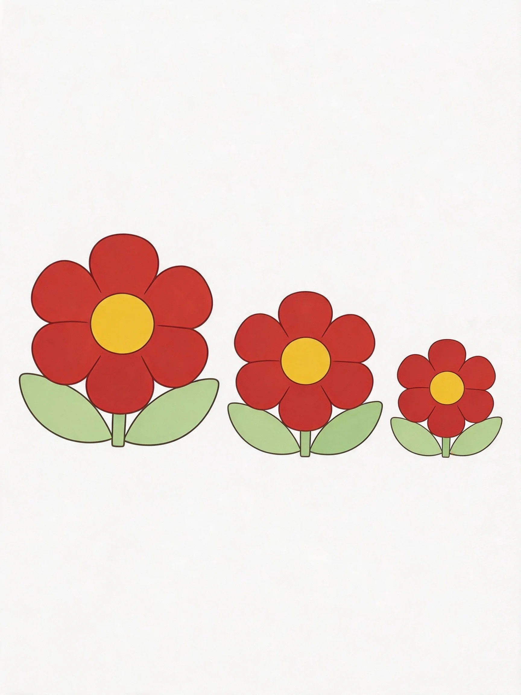 Three stylized red flowers with yellow centers and green leaves