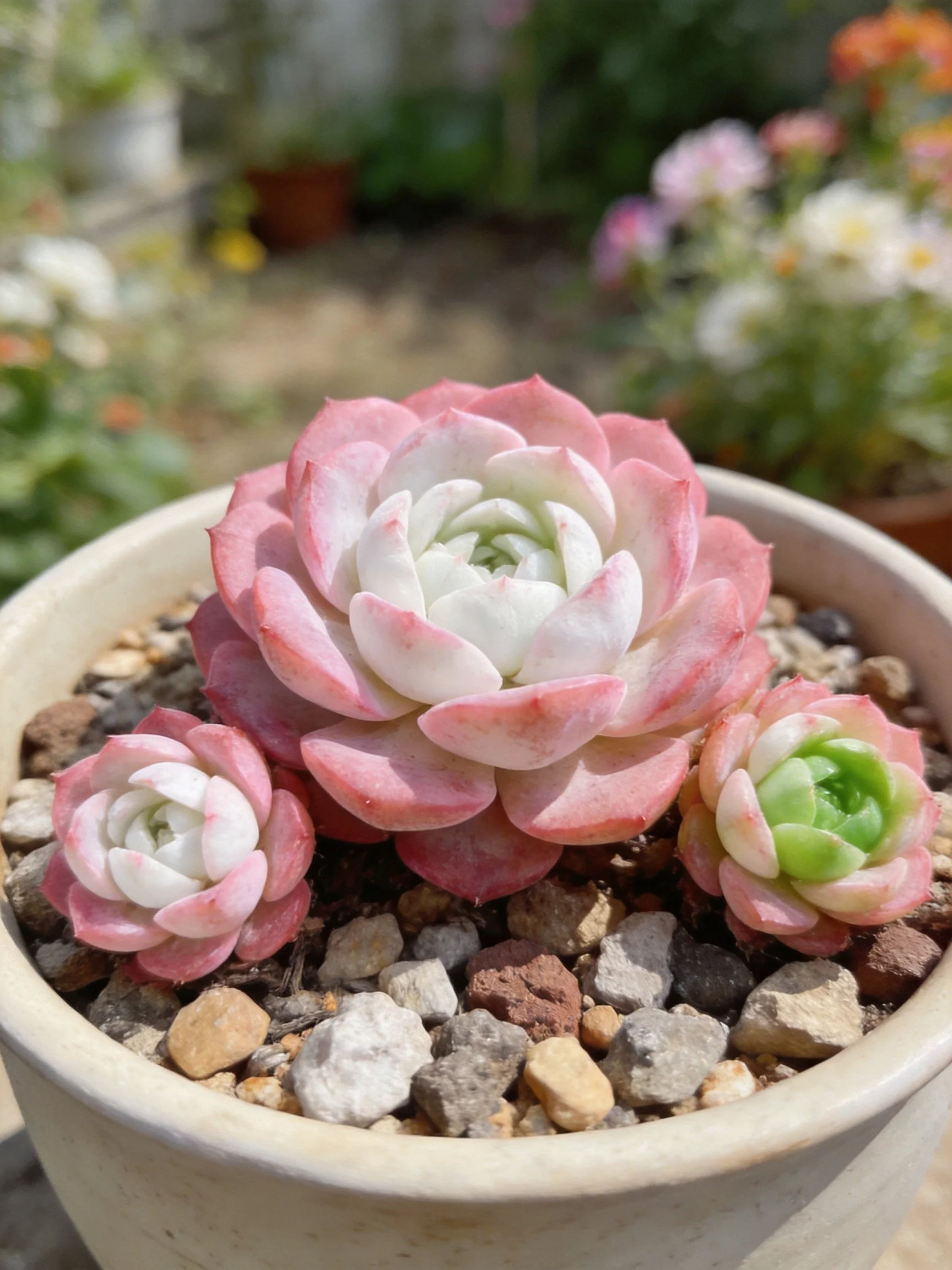 Three succulents in a pot with colorful pebbles