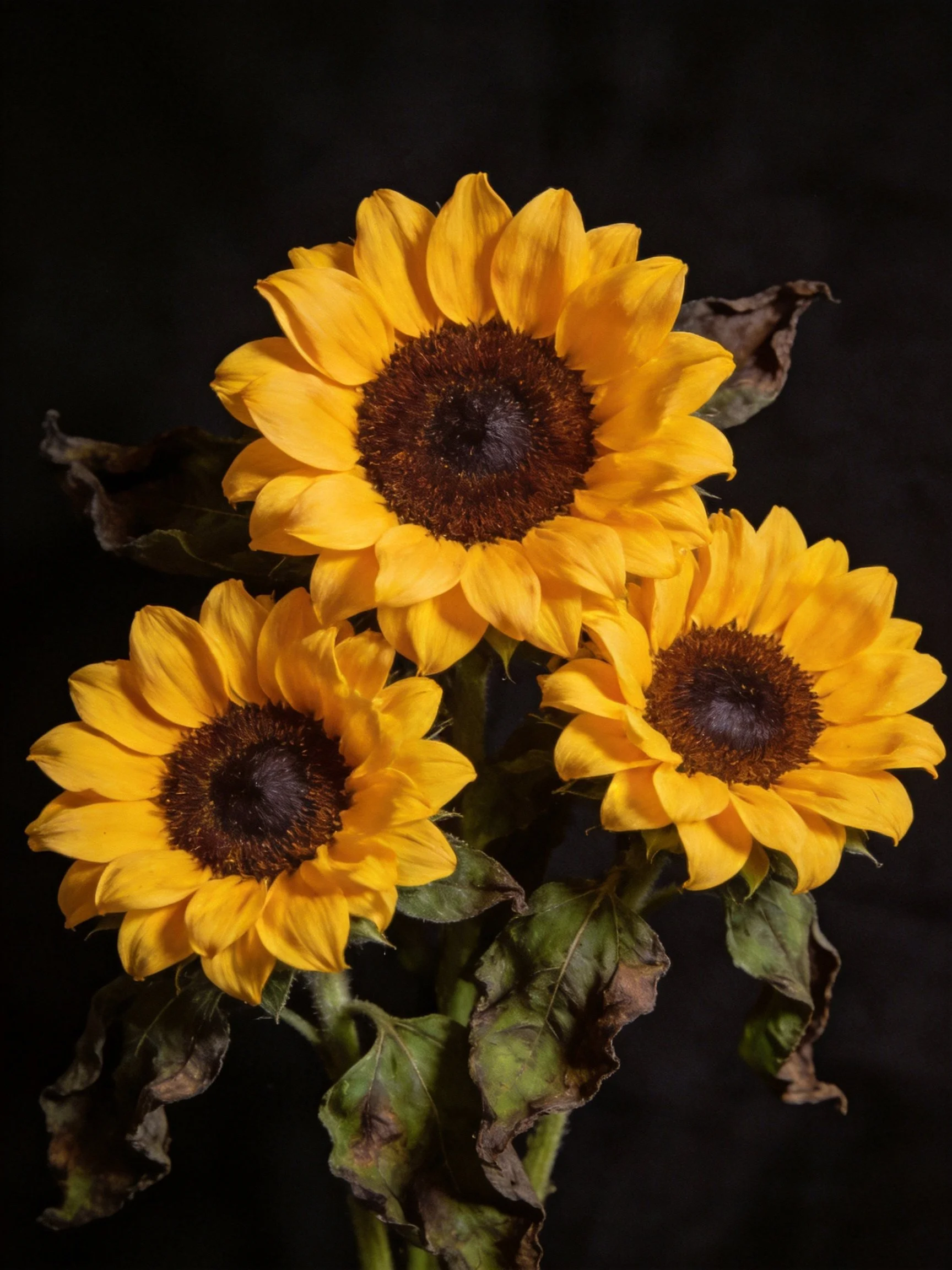 Three sunflowers with golden petals and dark centers
