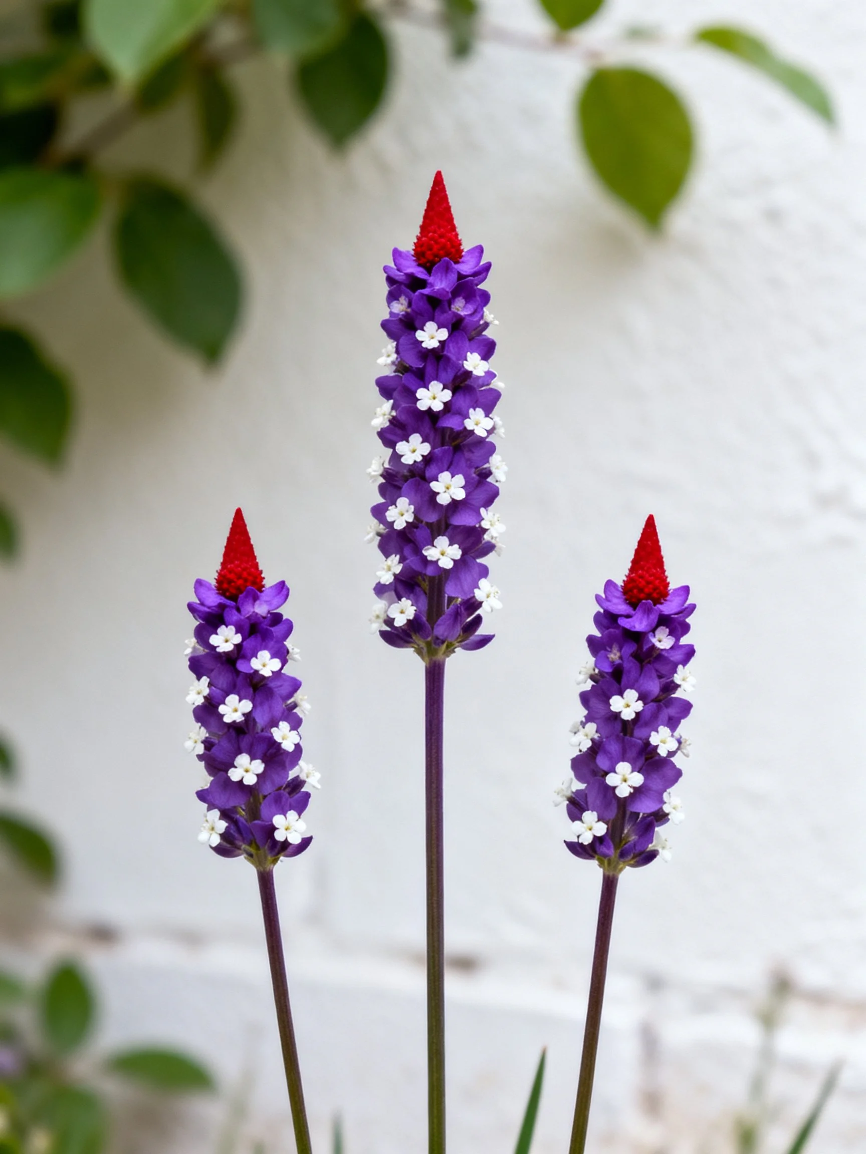 Three tall purple flower stalks with red cones and white blooms