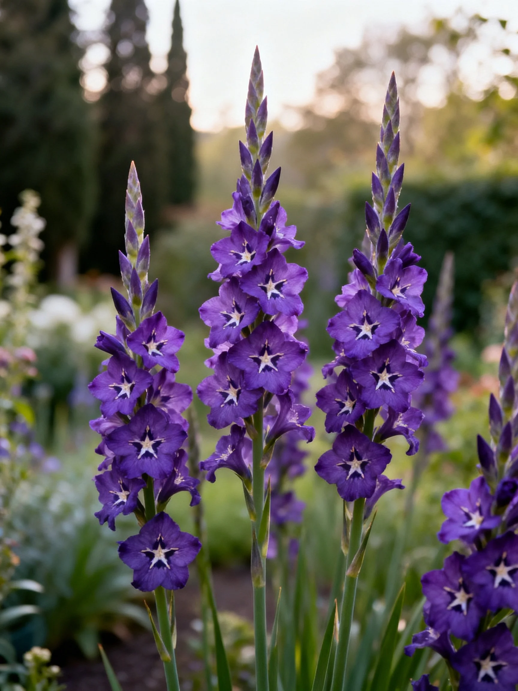 Three tall purple gladiolus blooms in a sunlit garden