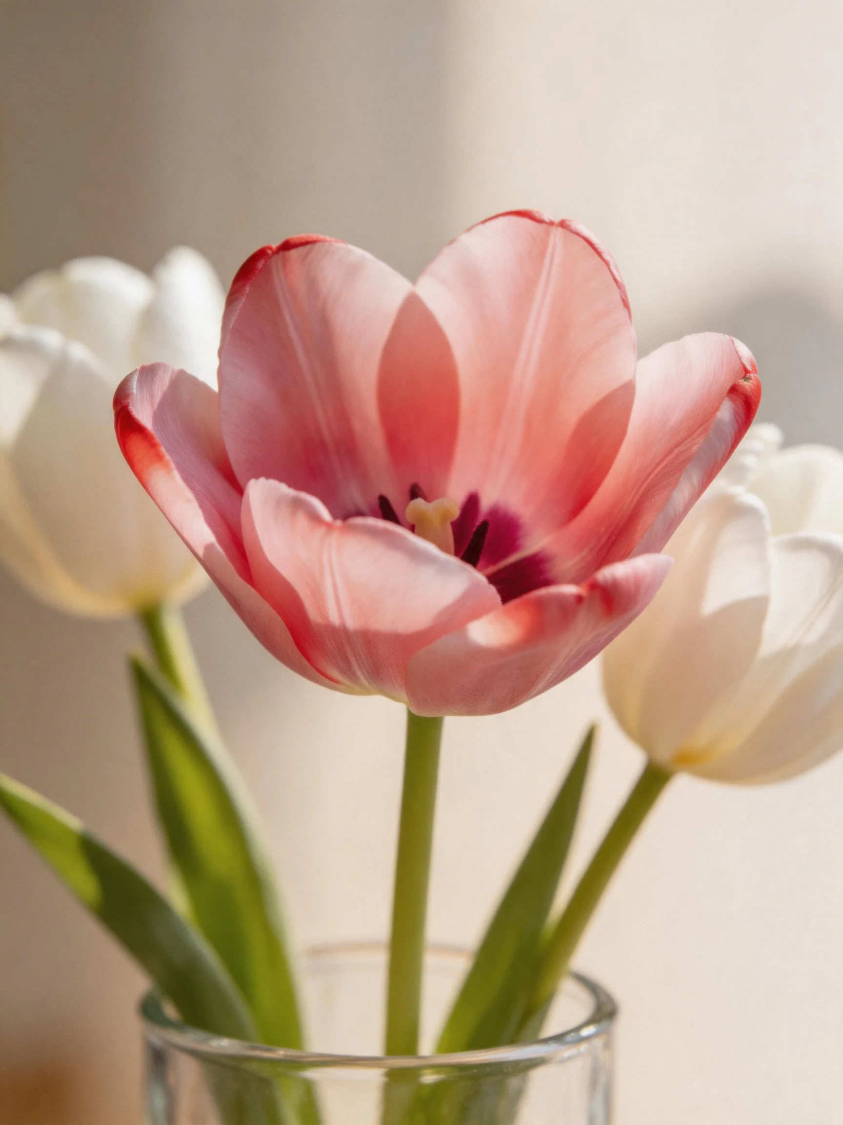 Three tulips in a glass vase, including a pink tulip with red edges