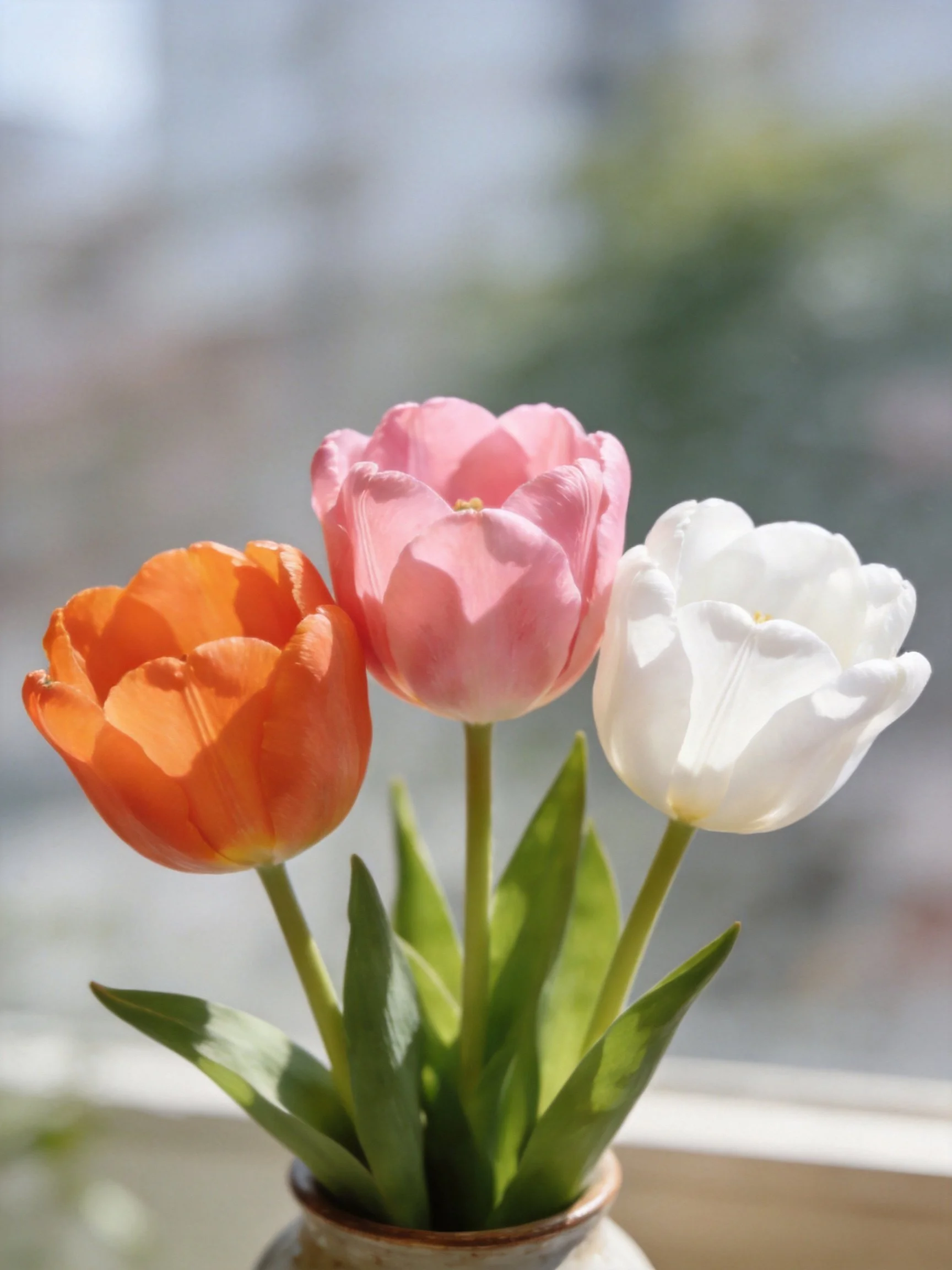 Three tulips in orange, pink, and white arranged in a vase near a sunlit window.