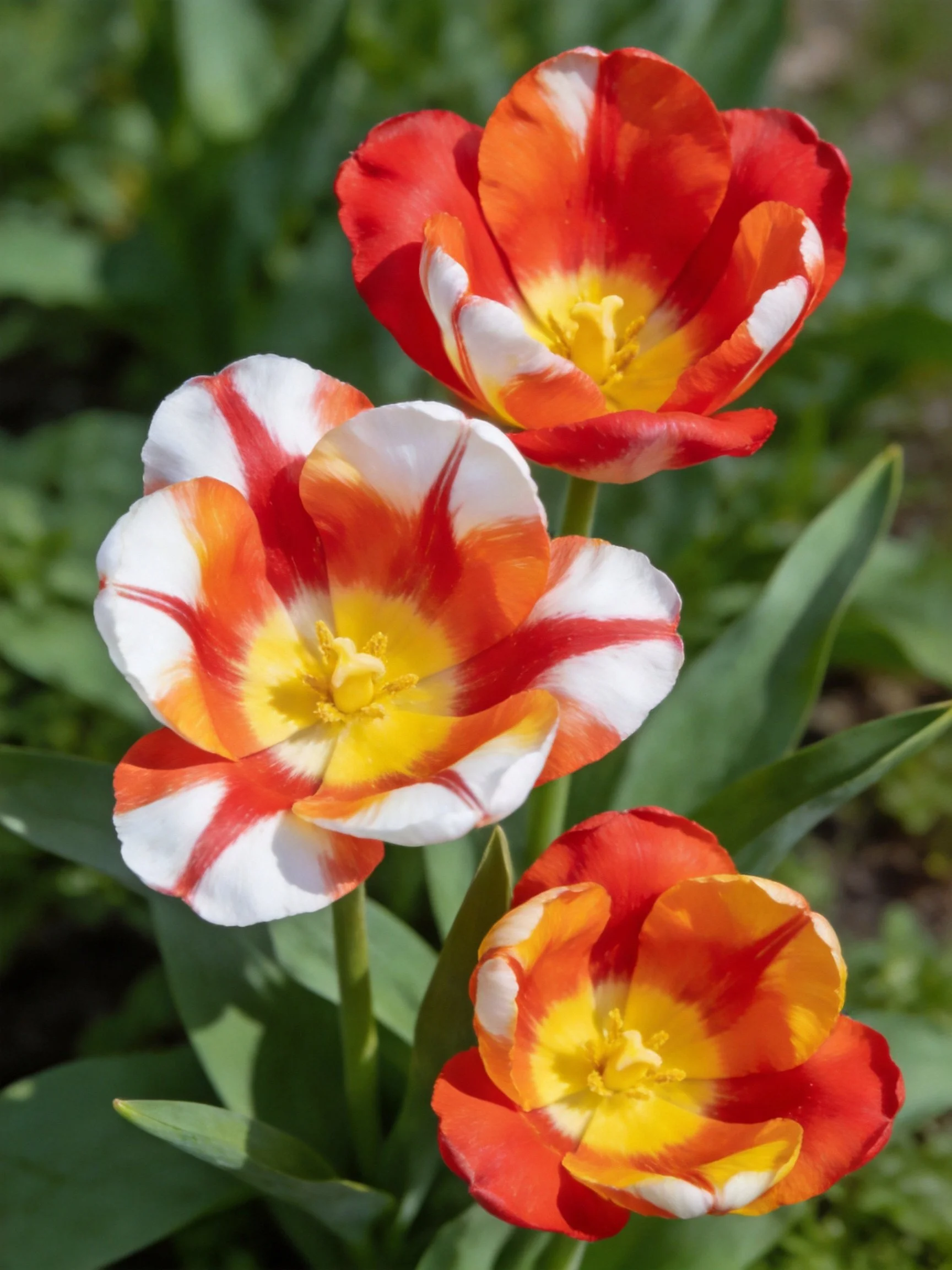Three tulips with red, white, and orange petals