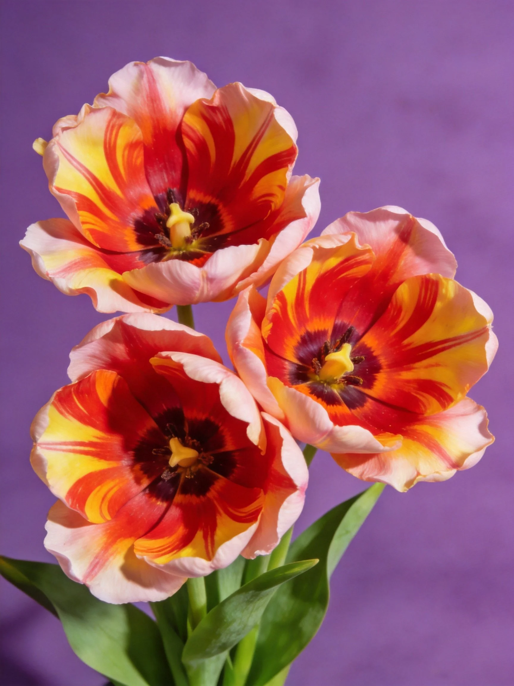 Three tulips with red, yellow, pink striped petals