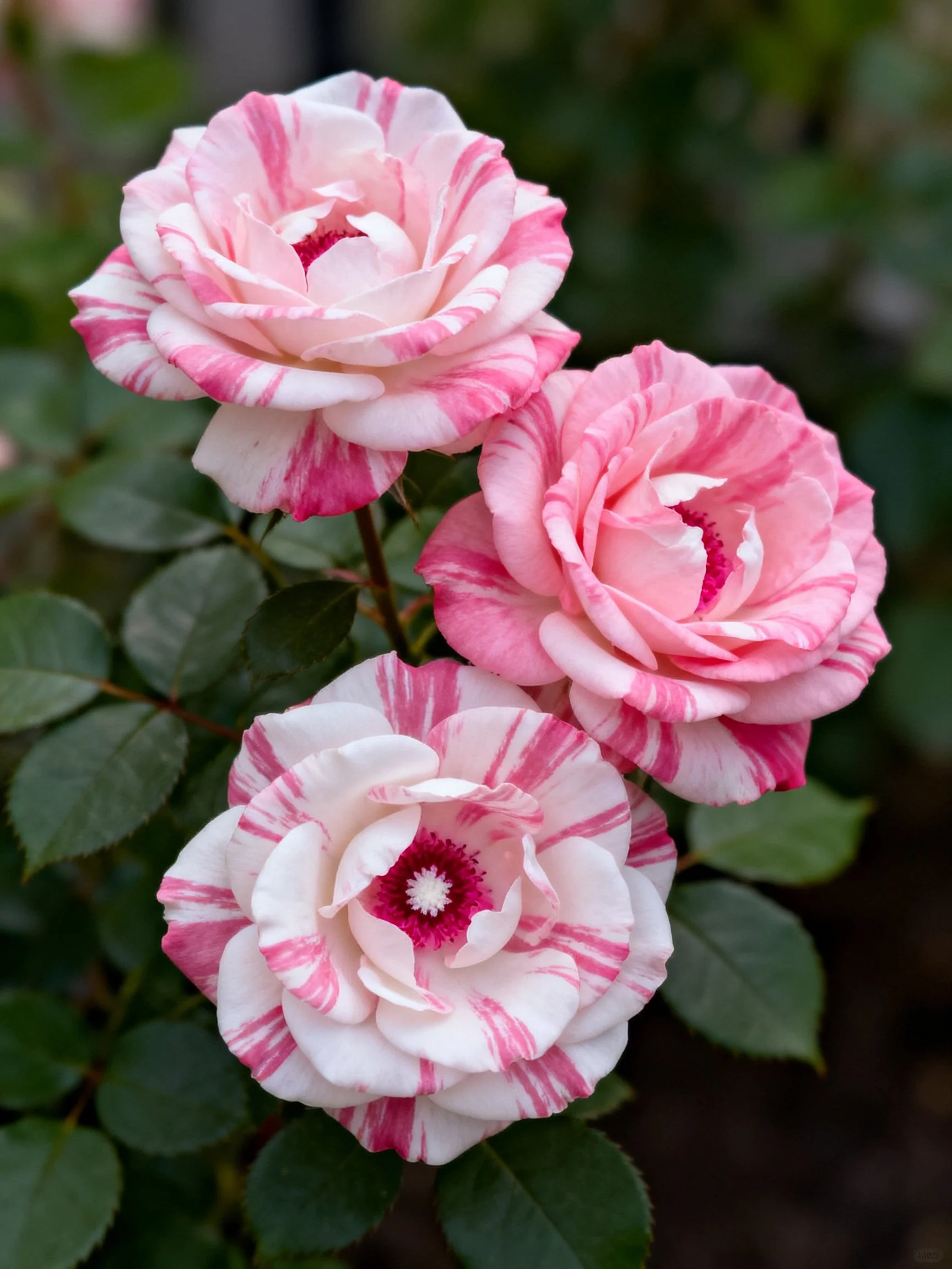 Three variegated pink and white roses with dark green foliage