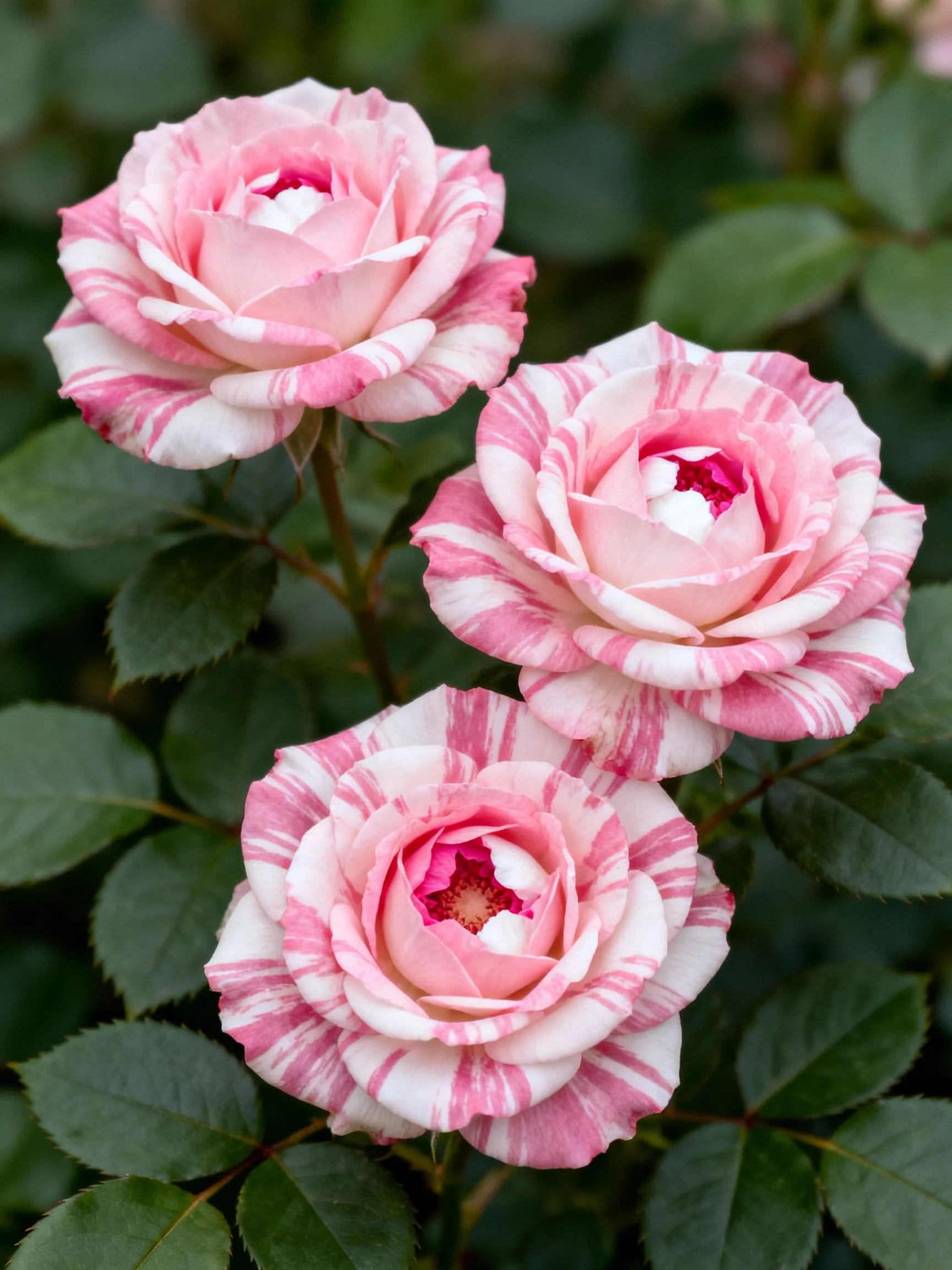 Three variegated pink and white roses with dark green foliage
