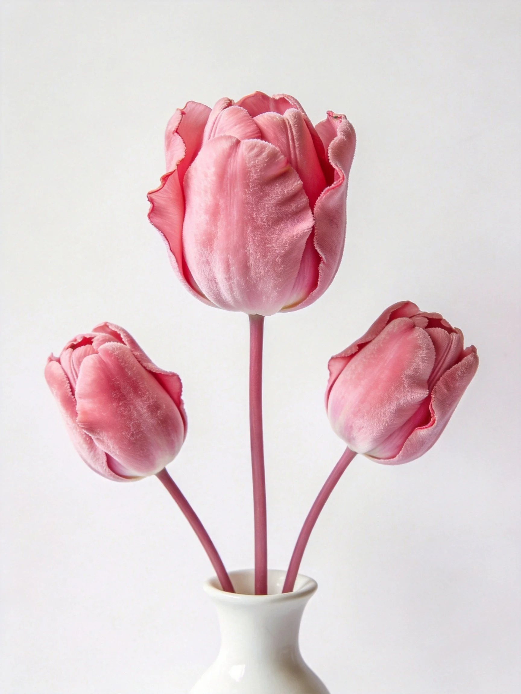 Three velvet-textured pink tulips in a white vase