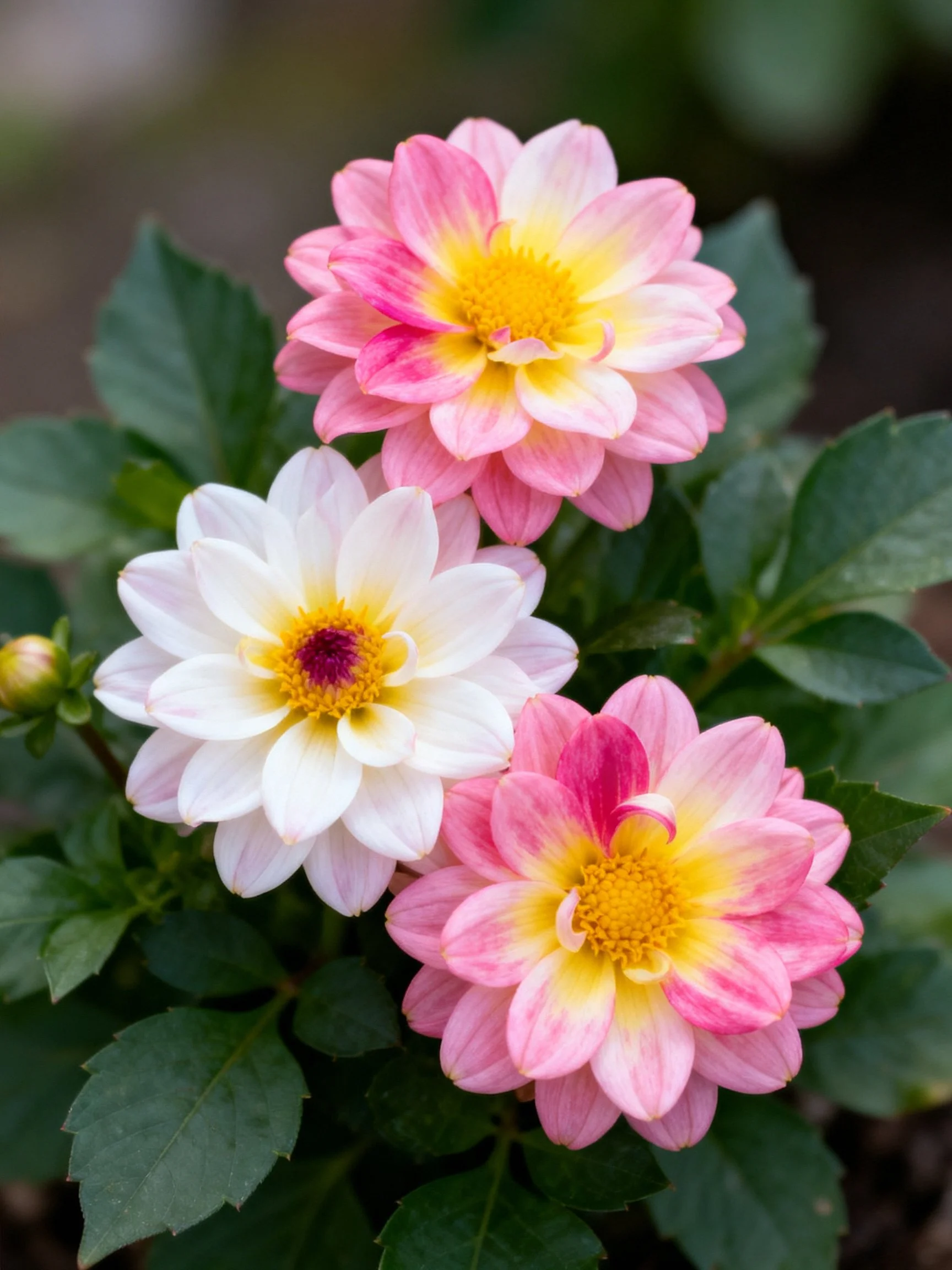 Three vibrant dahlia flowers with pink, white, and yellow petals