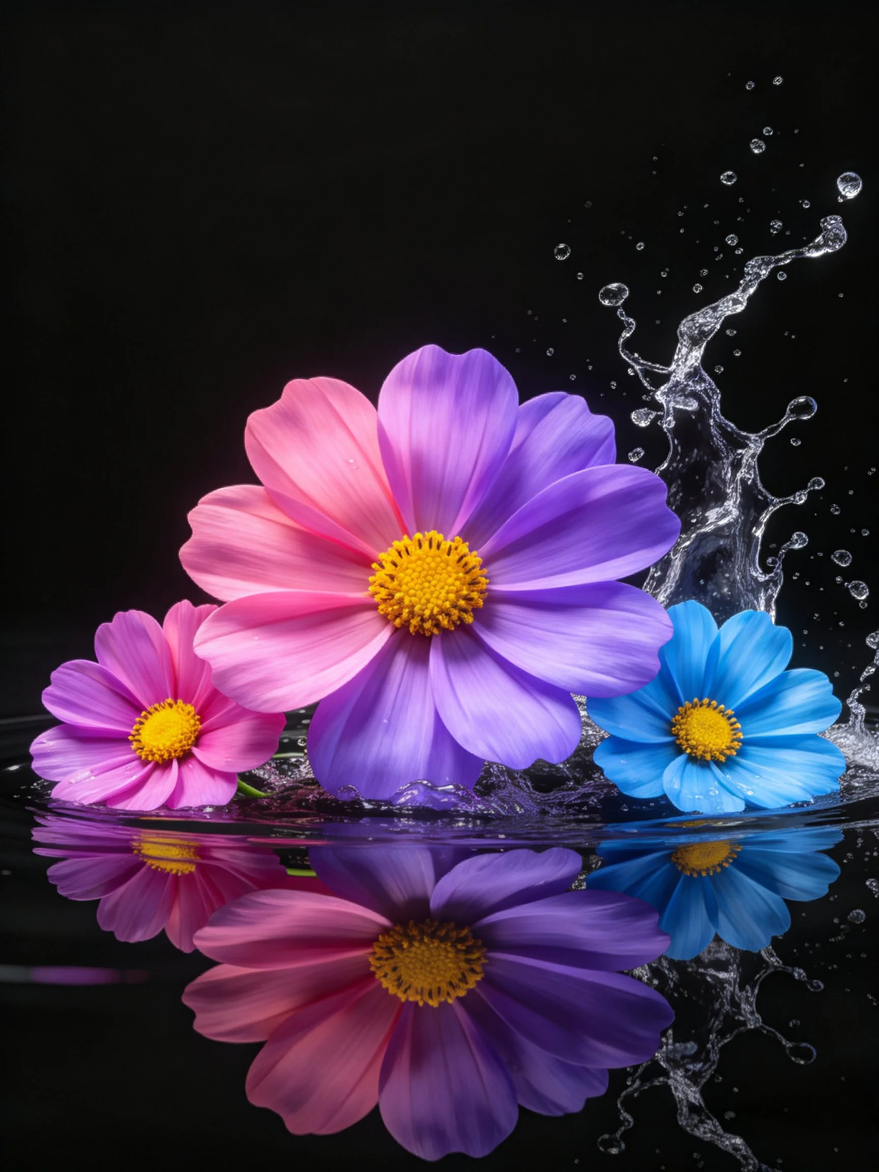 Three vibrant flowers with water splashes and reflections