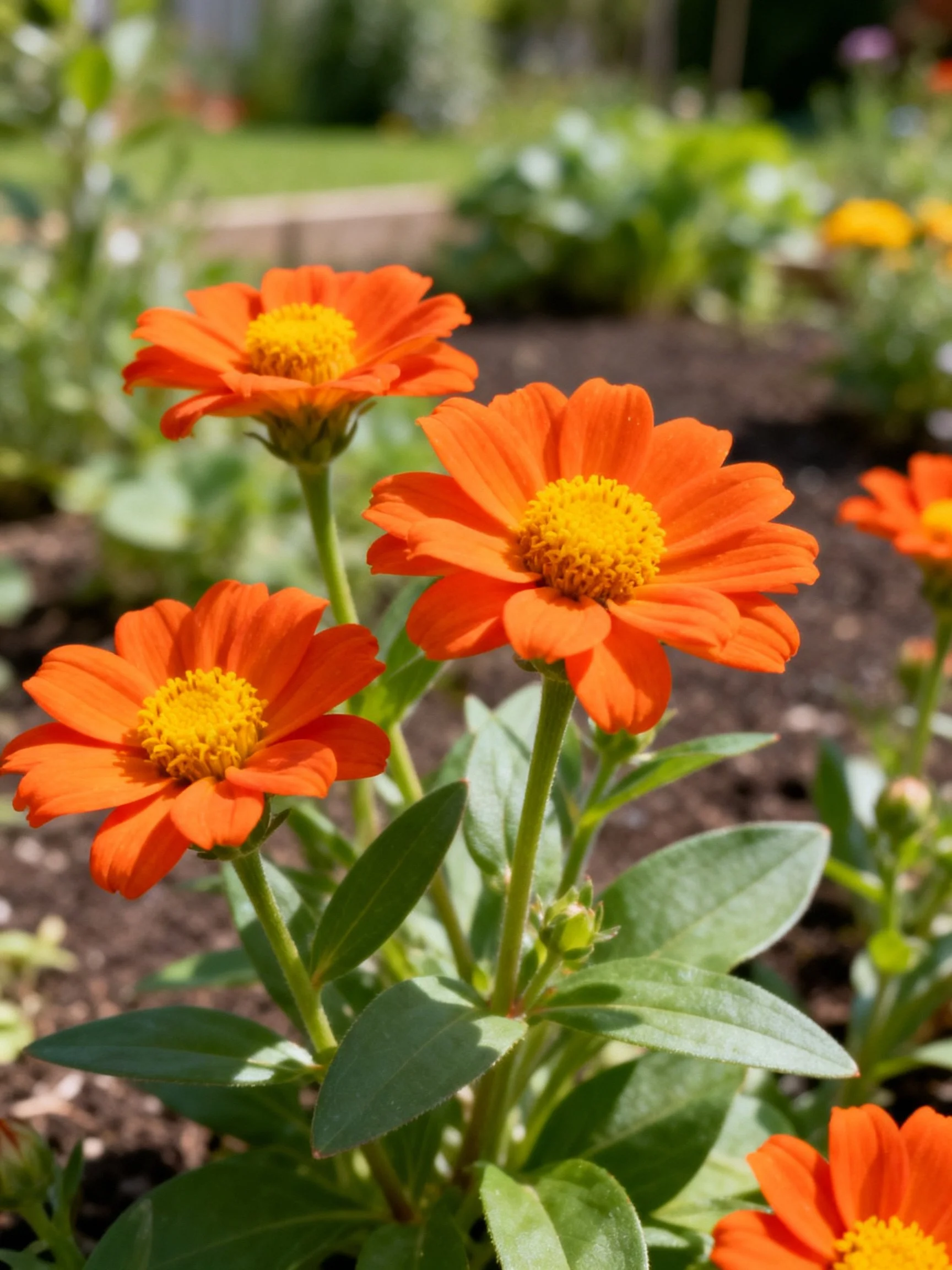 Three vibrant orange flowers with yellow centers in a garden