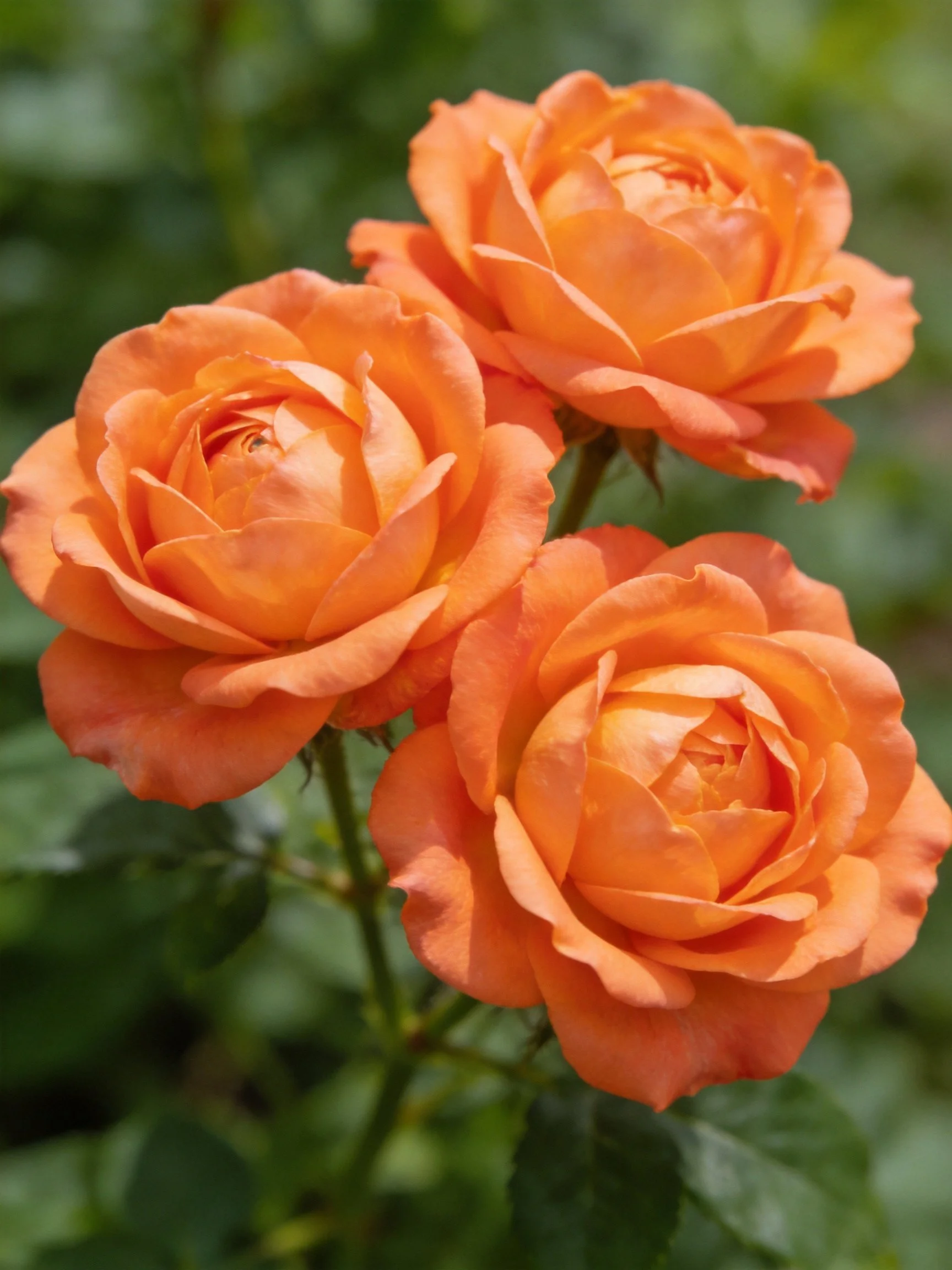 Three vibrant orange roses bloom amid green foliage