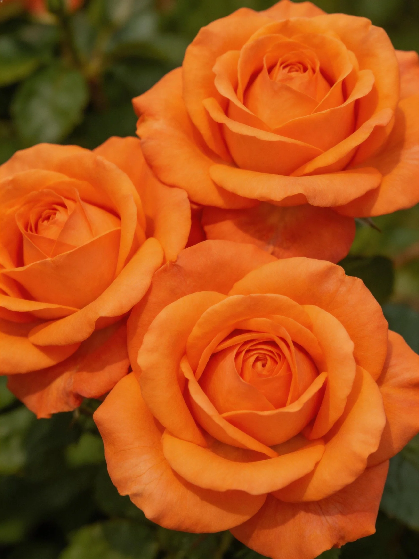 Three vibrant orange roses bloom among lush green foliage
