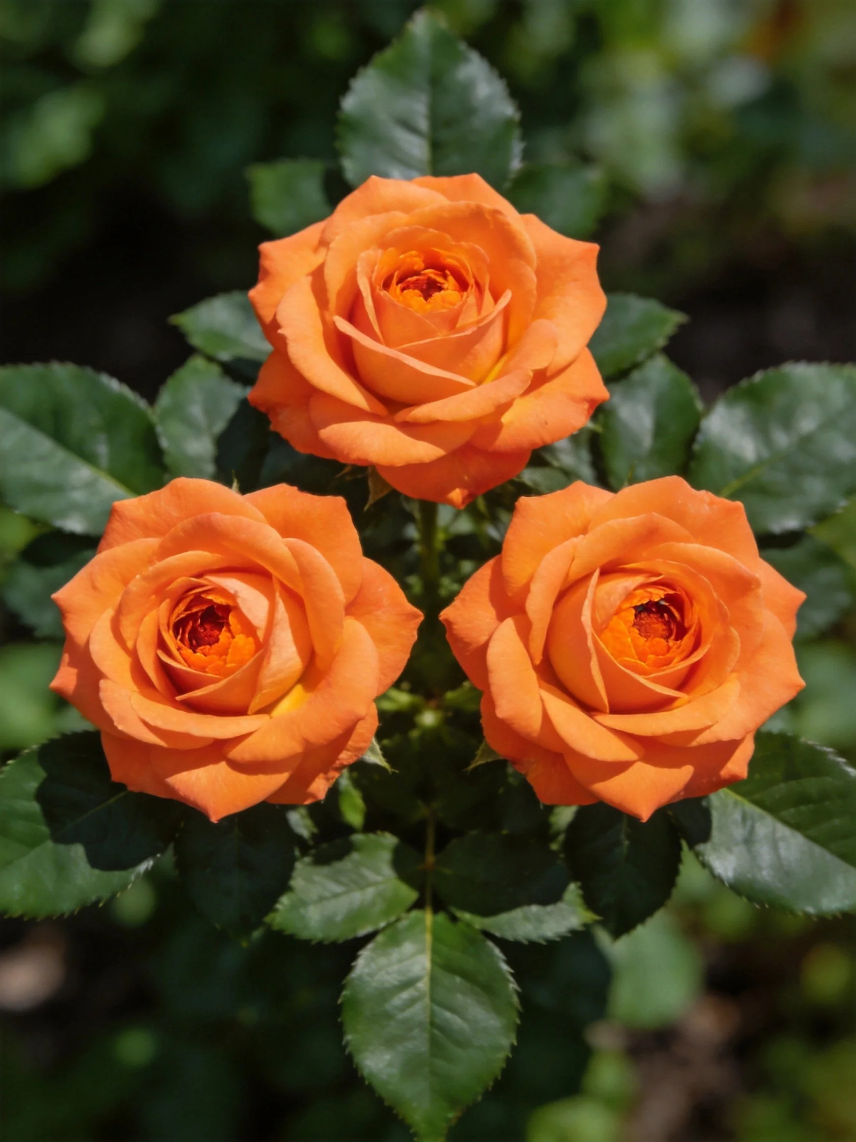 Three vibrant orange roses blooming among lush green foliage