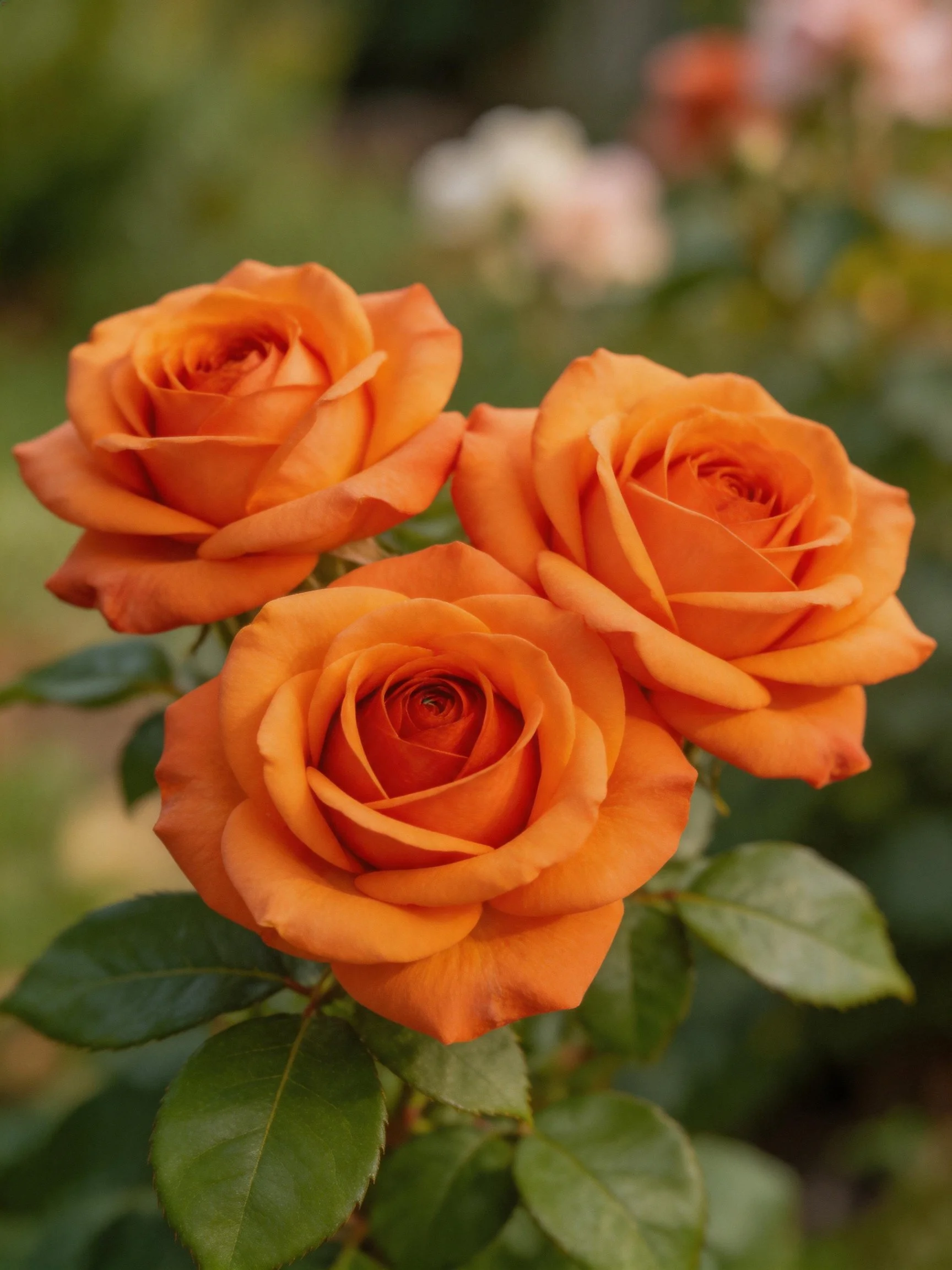 Three vibrant orange roses with lush green foliage