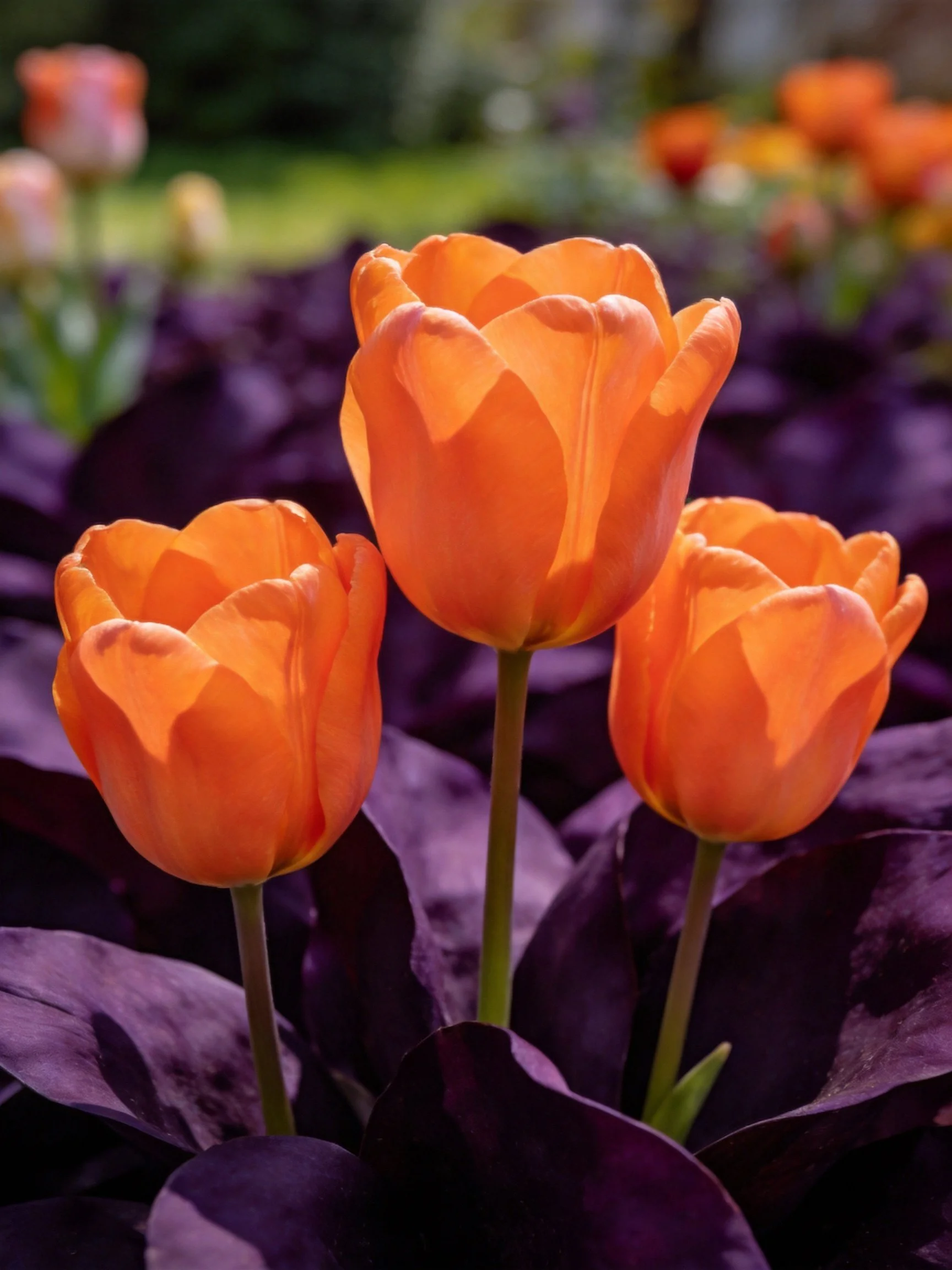 Three vibrant orange tulips amid deep purple foliage