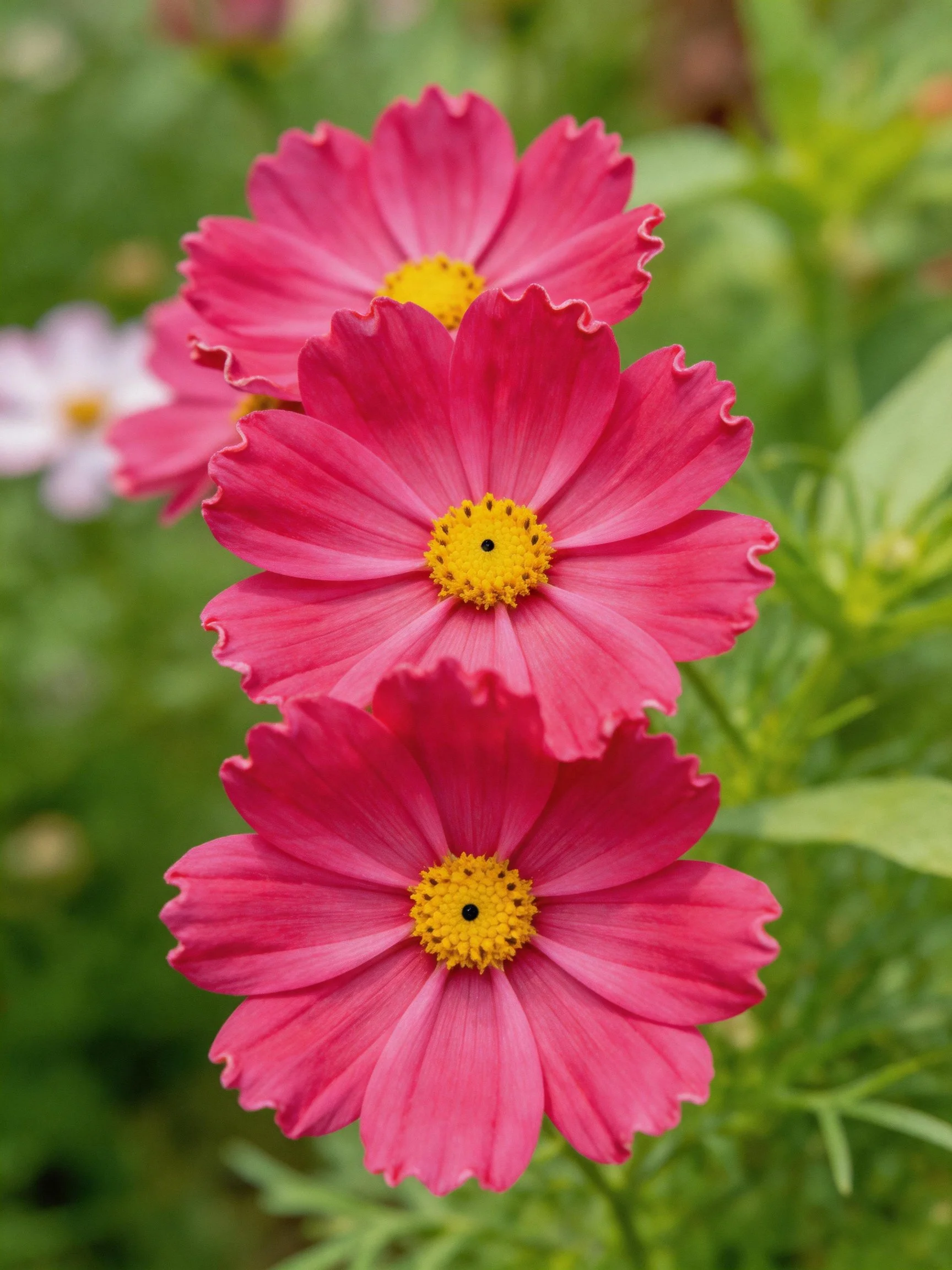 Three vibrant pink cosmos flowers with yellow centers amid green foliage