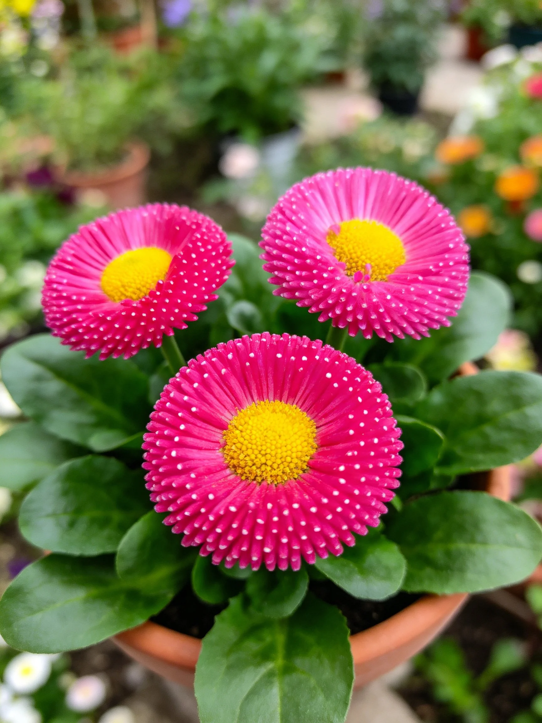 Three vibrant pink flowers with yellow centers in a terracotta pot