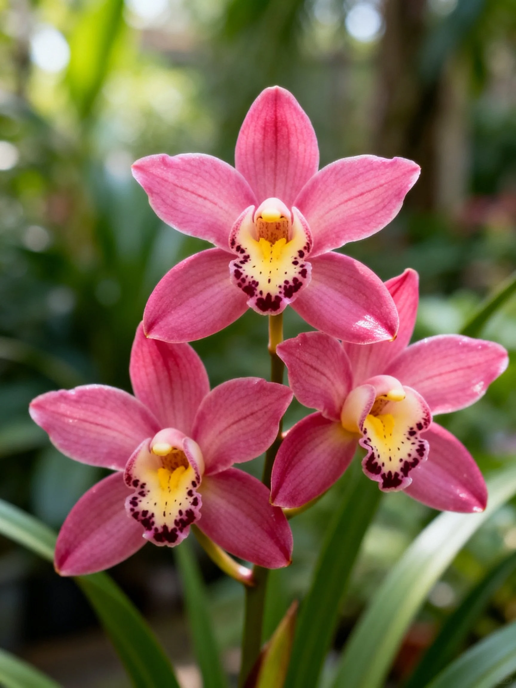 Three vibrant pink orchids with yellow and maroon centers