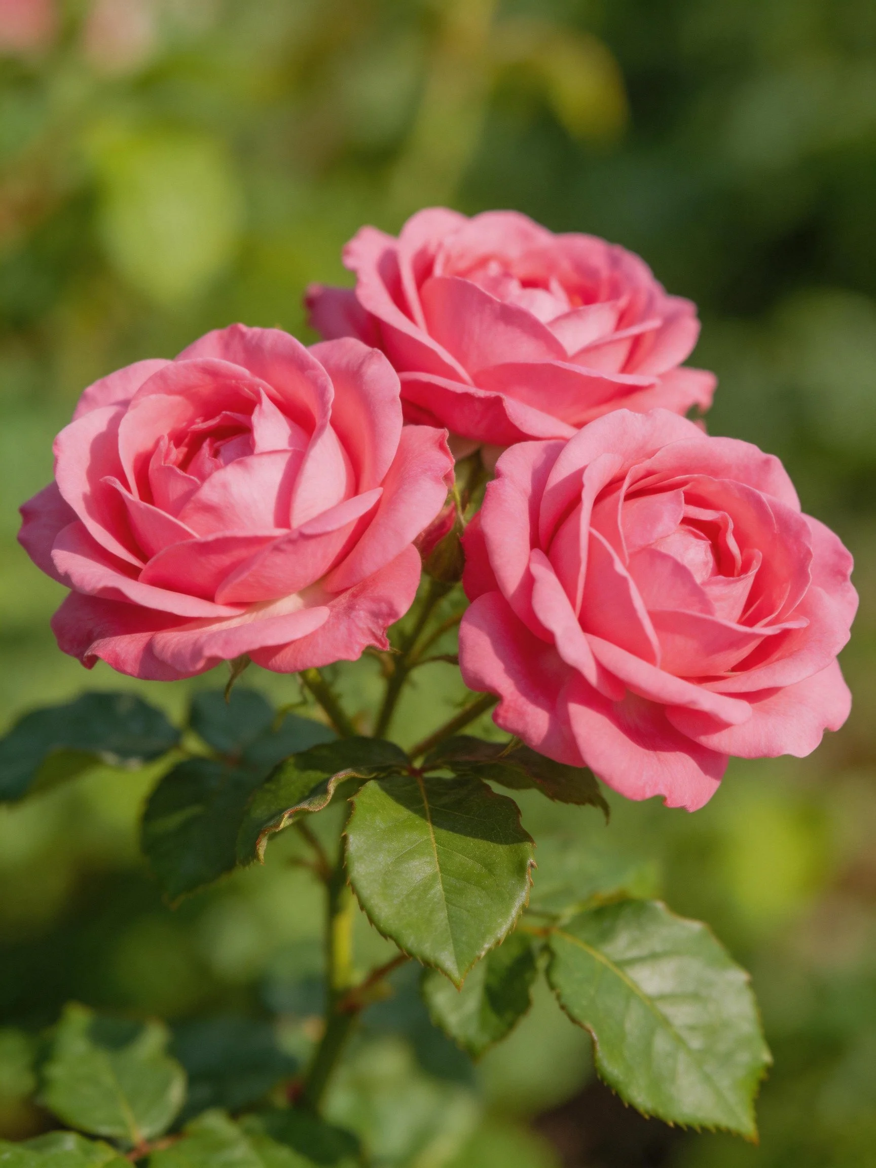 Three vibrant pink roses bloom among lush green foliage