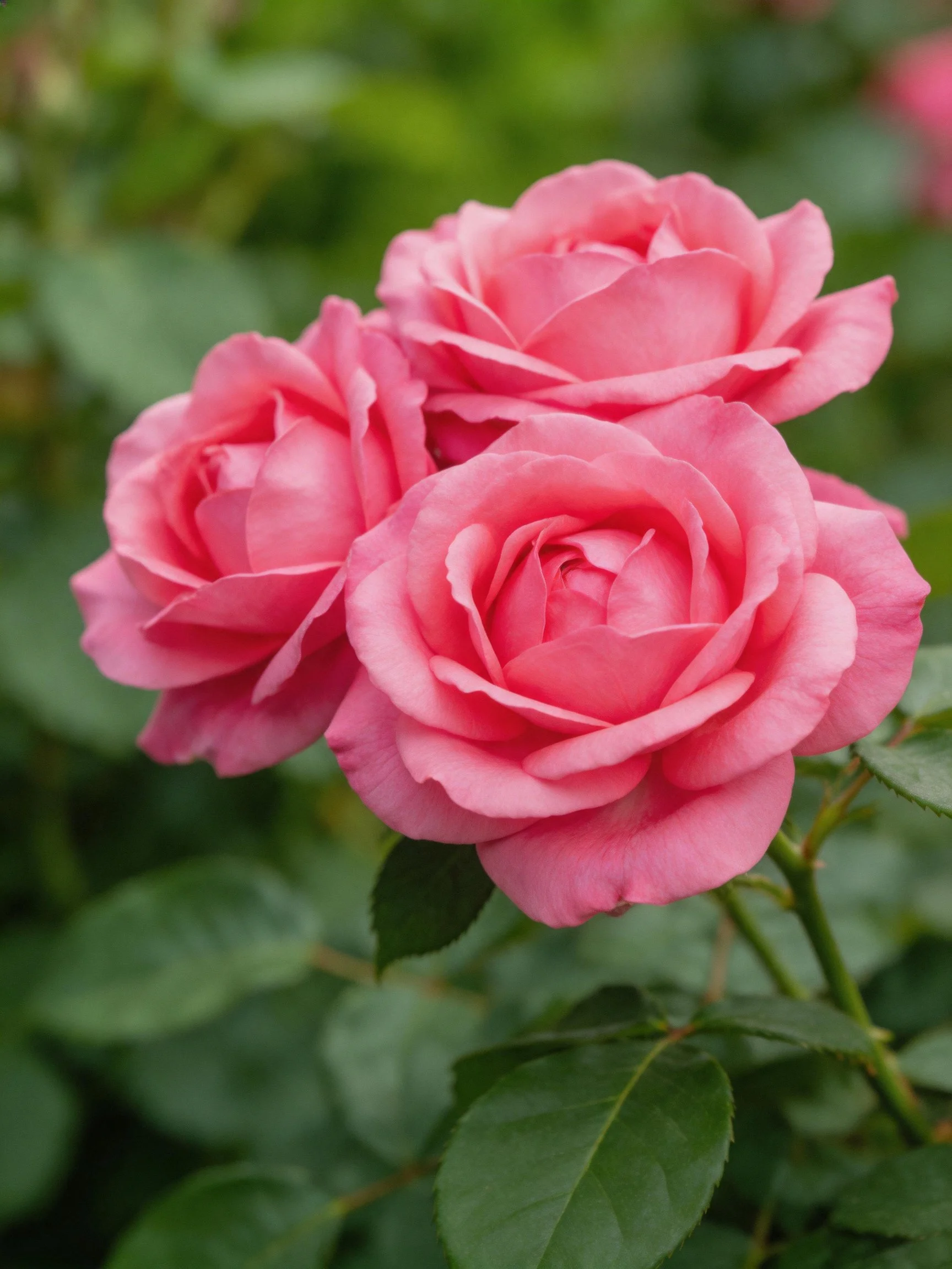 Three vibrant pink roses blooming among lush green foliage