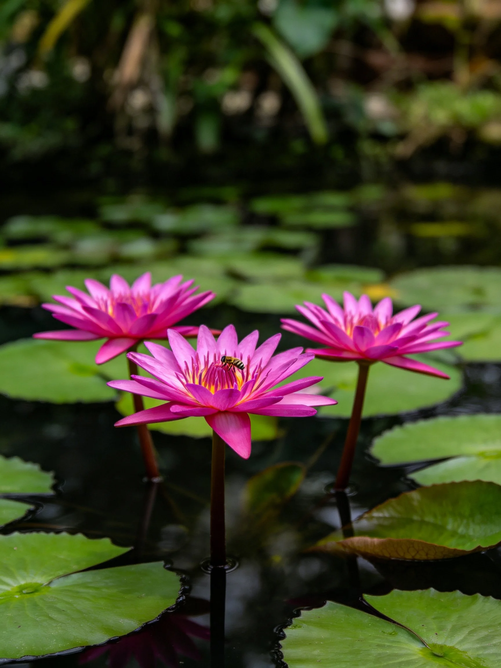 Three vibrant pink water lilies bloom amid green lily pads